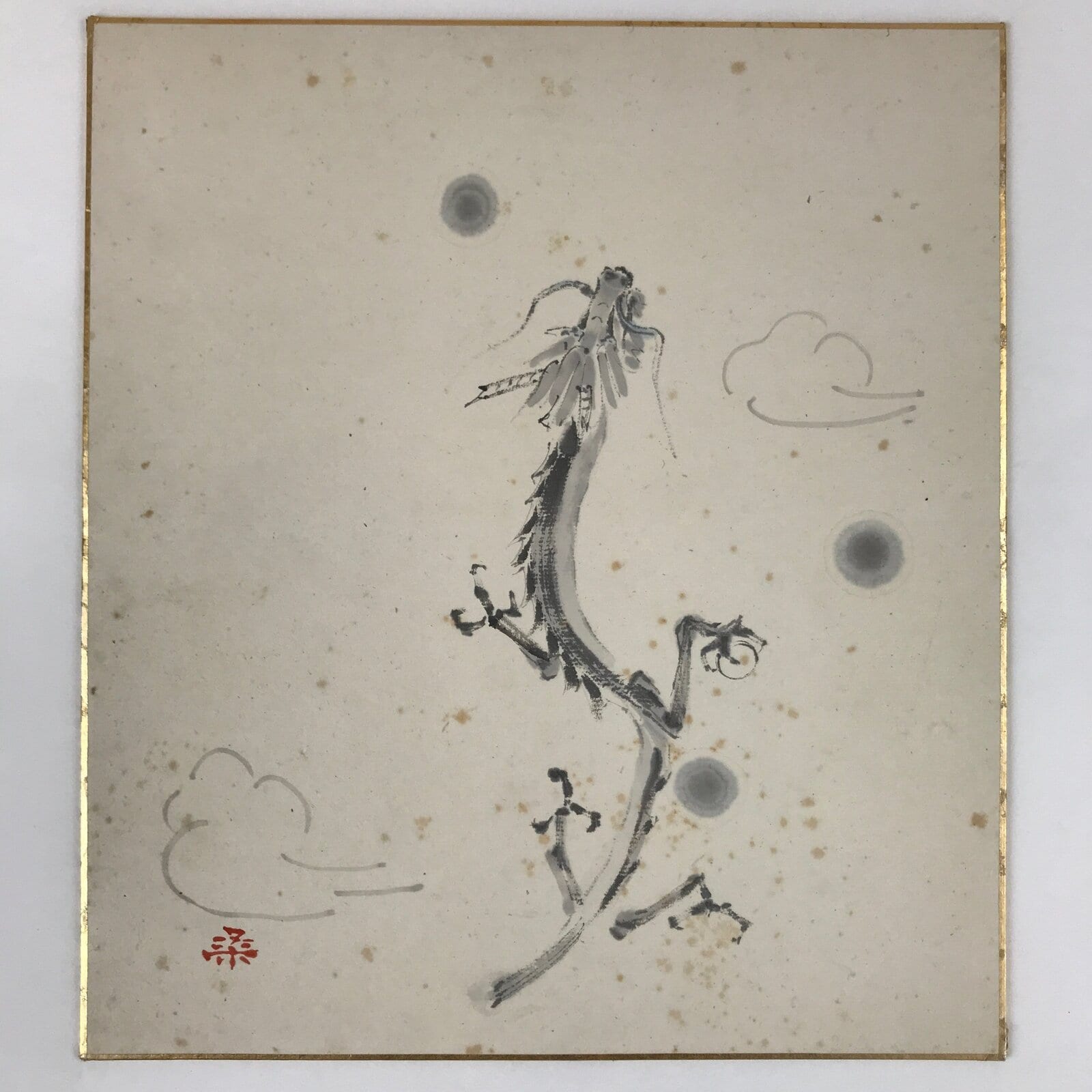 Japanese Zodiac Shikishi Art Board Vtg Flying Dragon Gray Monochrome A627