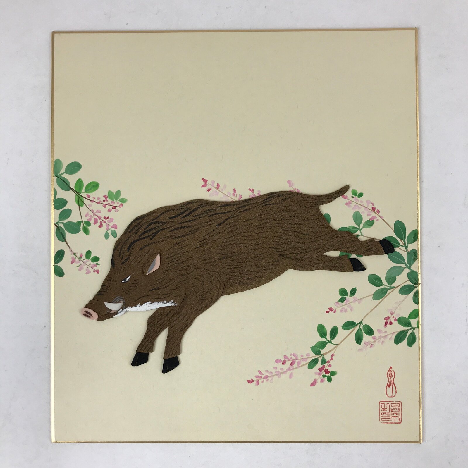 Japanese Zodiac Shikishi Art Board Vtg Oshie Zaiku Fabric Silk Craft Boar A569