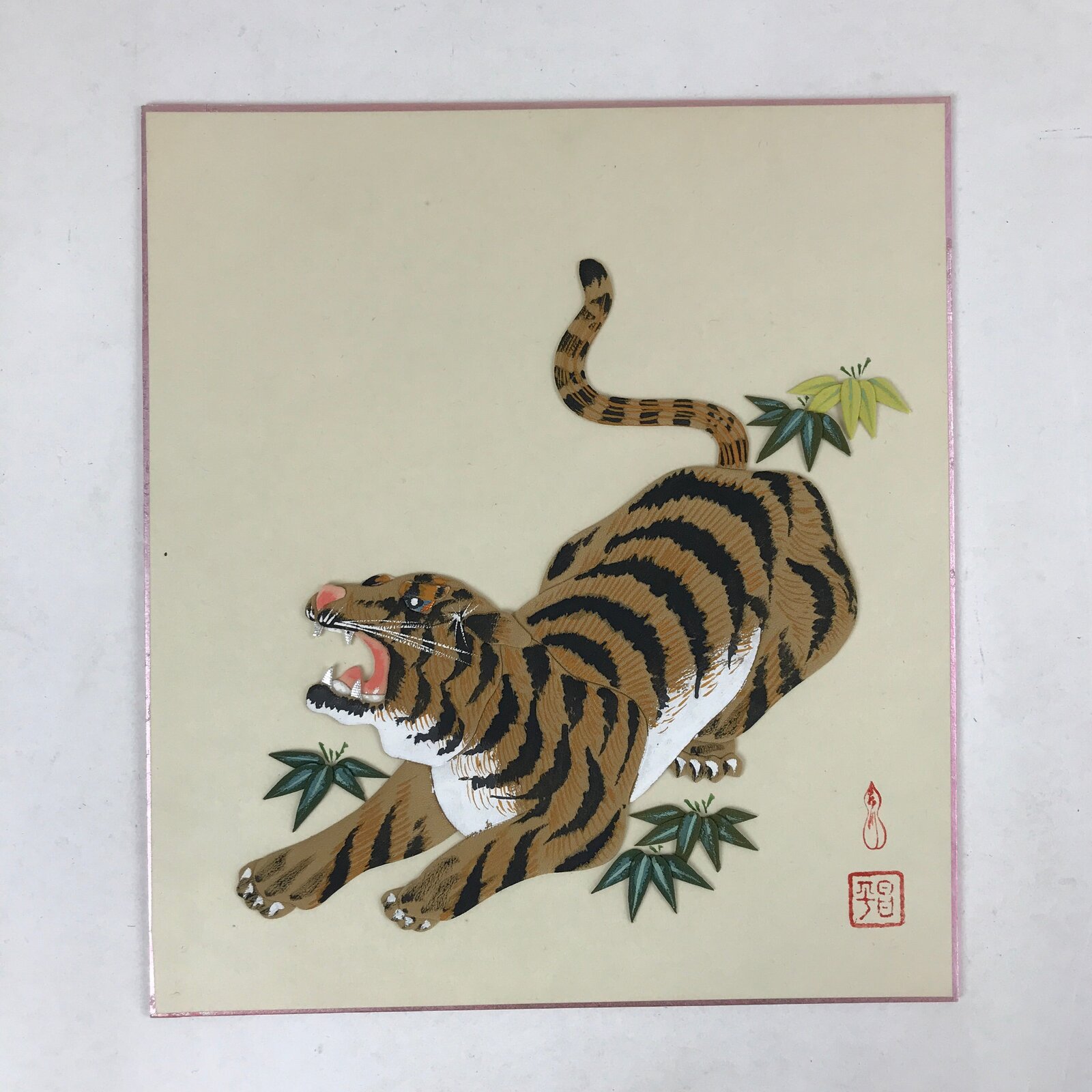 Japanese Zodiac Shikishi Art Board Vtg Oshie Zaiku Fabric Silk Craft Tiger A563