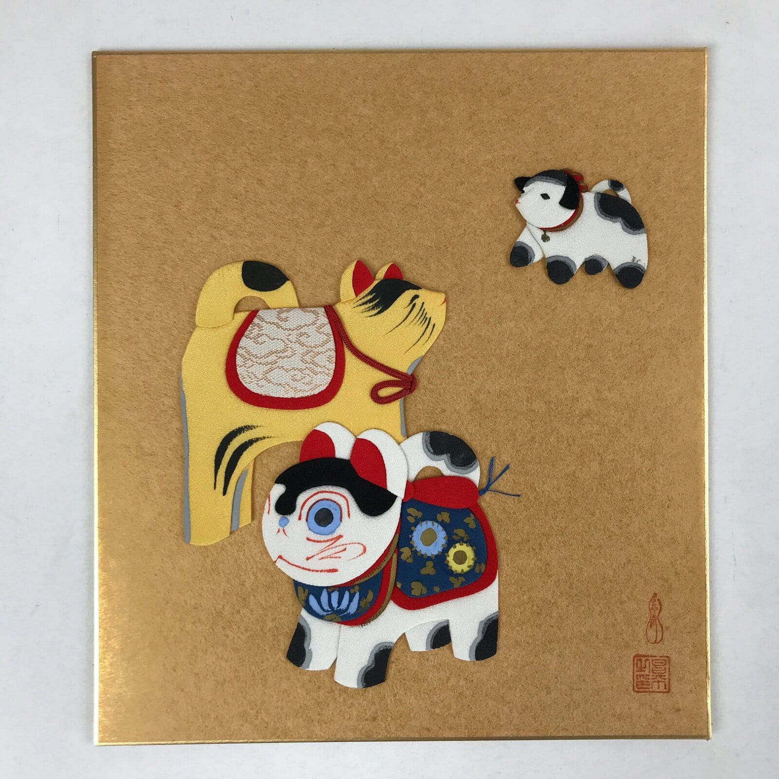 Japanese Zodiac Shikishi Art Board Vtg Oshie Zaiku Fabric Silk Craft Tiger A568
