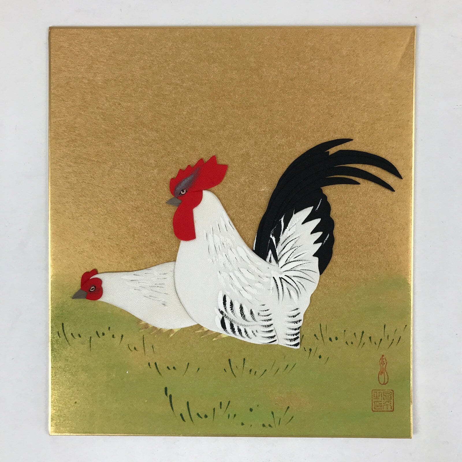 Japanese Zodiac Shikishi Art Board Vtg Oshie Zaiku Fabric Silk Rooster A567