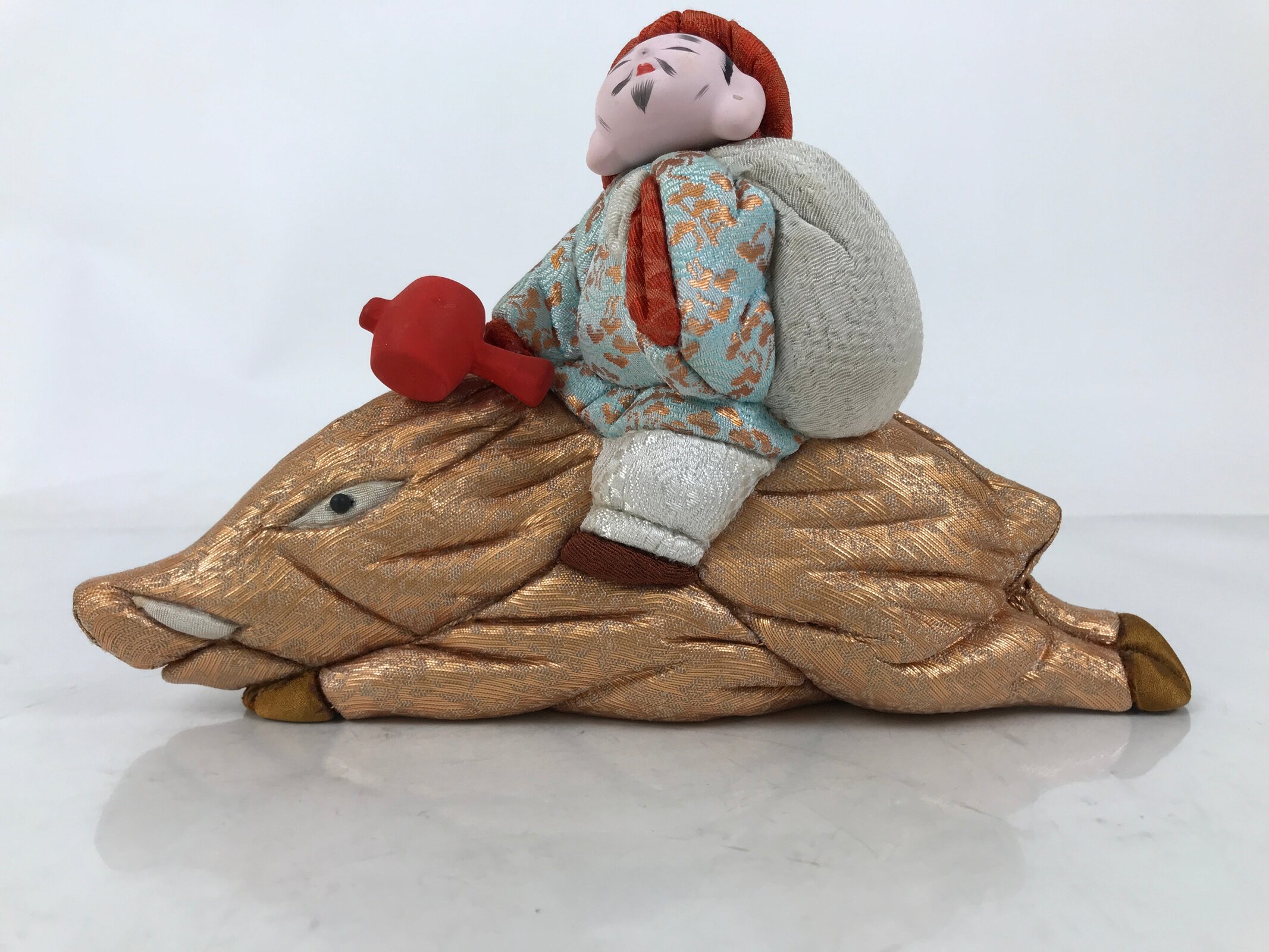 Japanese Zodiac Silk Fabric Boar Doll Vtg Kimekomi Ningyo Animal Daikokuten ST36