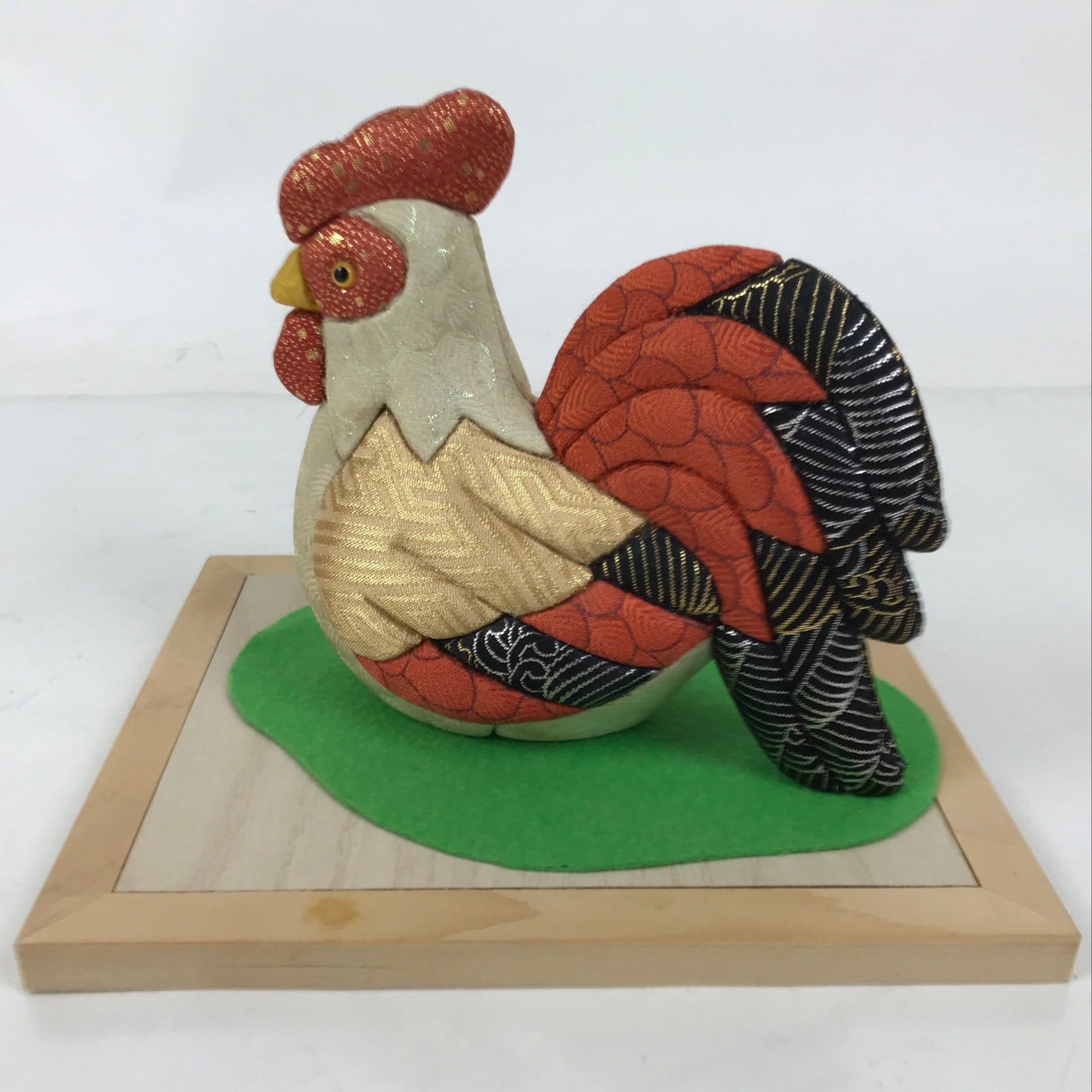 Japanese Zodiac Silk Fabric Rooster Doll Vtg Kimekomi Ningyo Animal w/Stand ST34