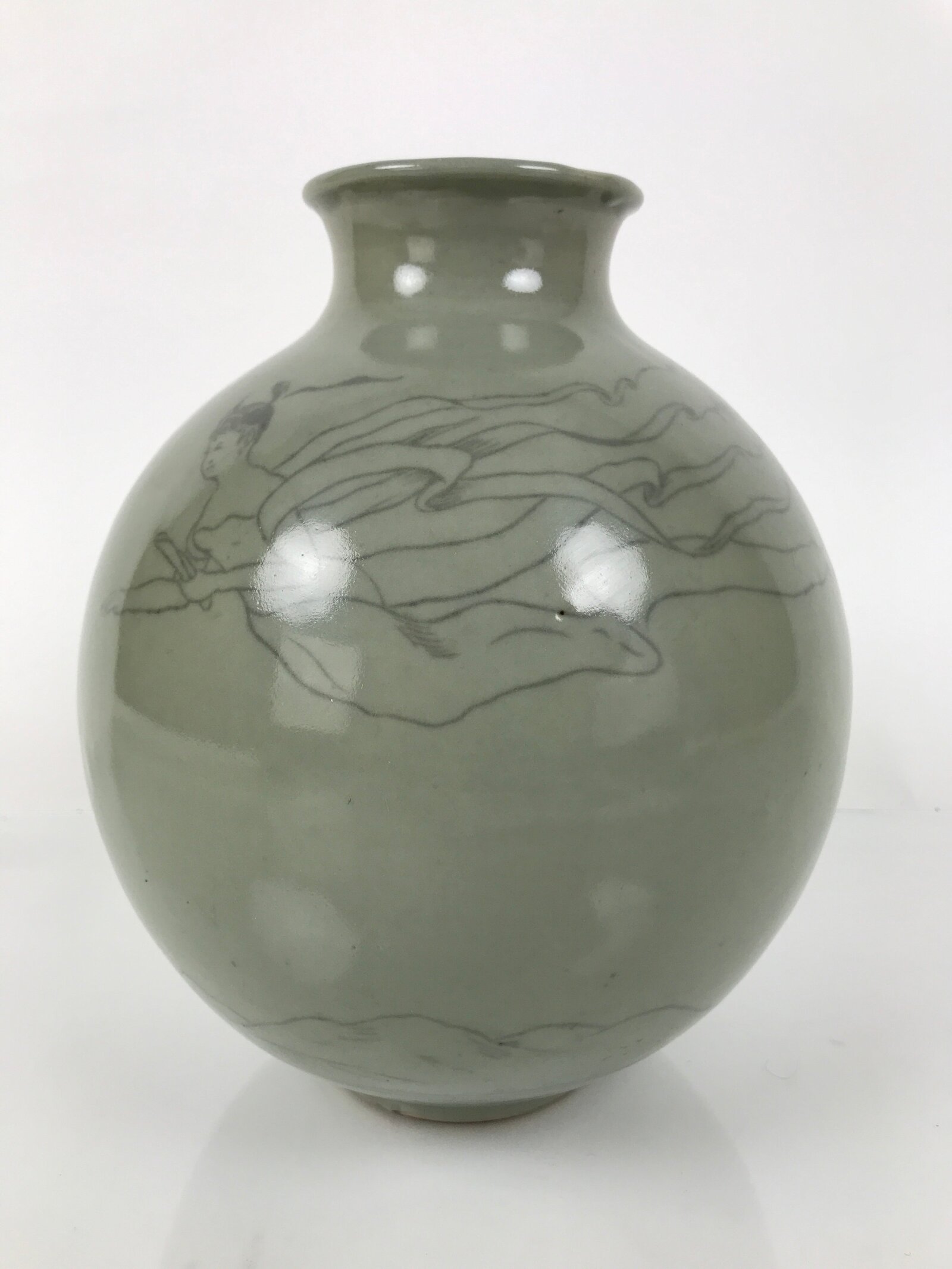 Korean Porcelain Flower Vase Ikebana Kabin Celadon Green Celastial Maiden FK210