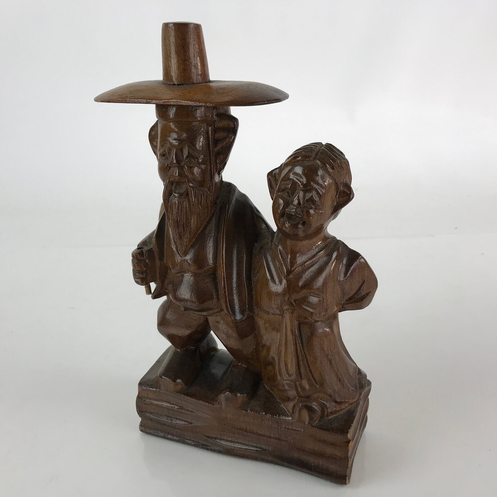 Korean Wood Carving Old Couple Figurine Vtg Hand-Crafted Brown Woodcraft BD841
