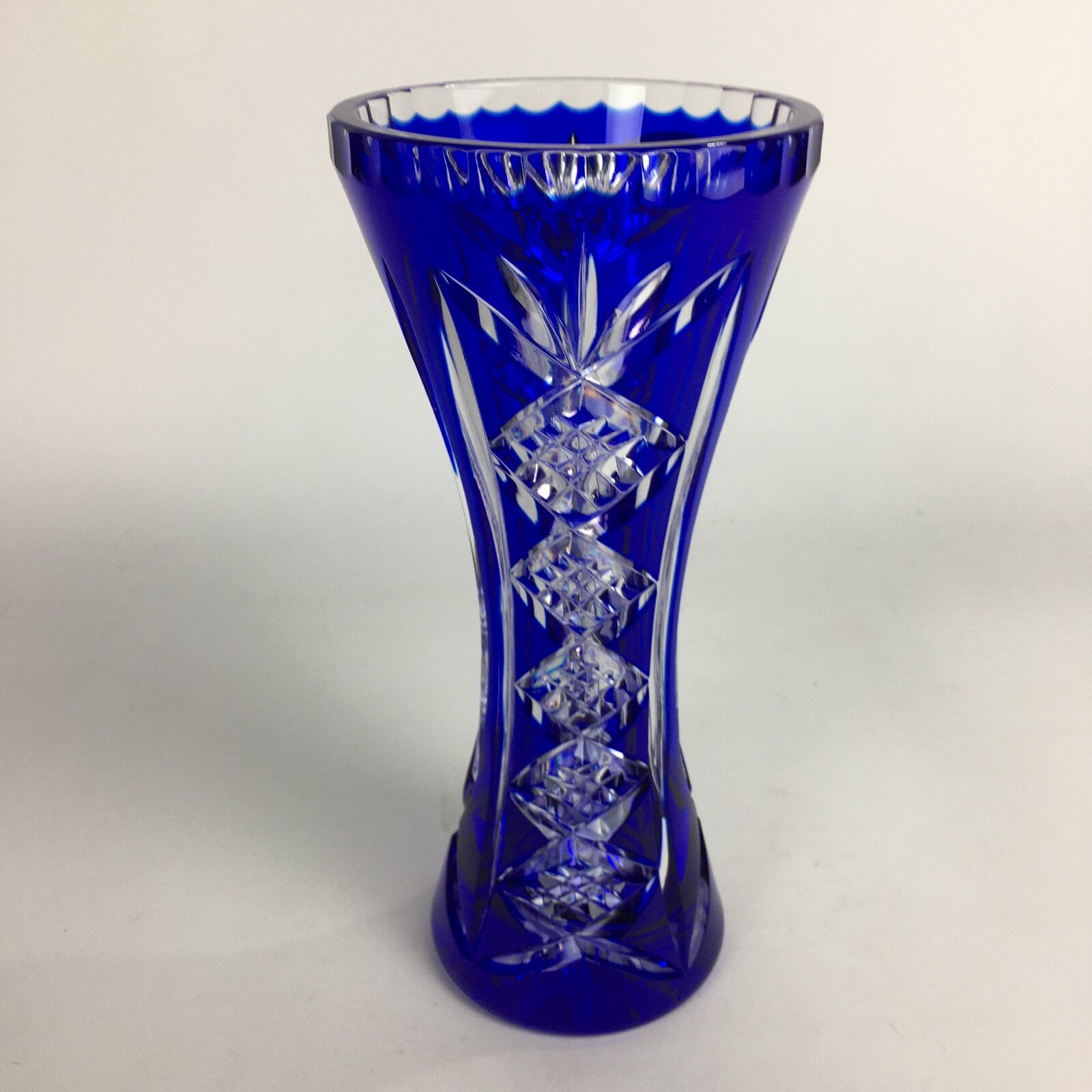 Polish Crystal Glass Flower Vase Kabin POLONIA Vtg Blue Kiriko Glass Ikebana FV9