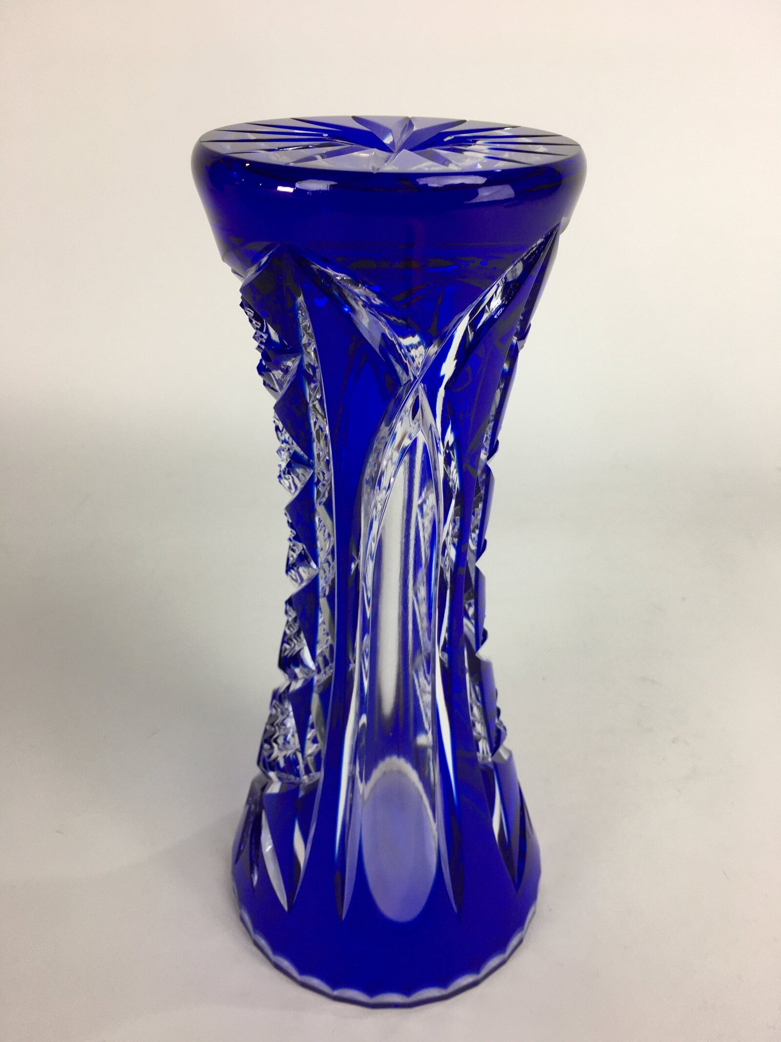 Polish Crystal Glass Flower Vase Kabin POLONIA Vtg Blue Kiriko Glass Ikebana FV9