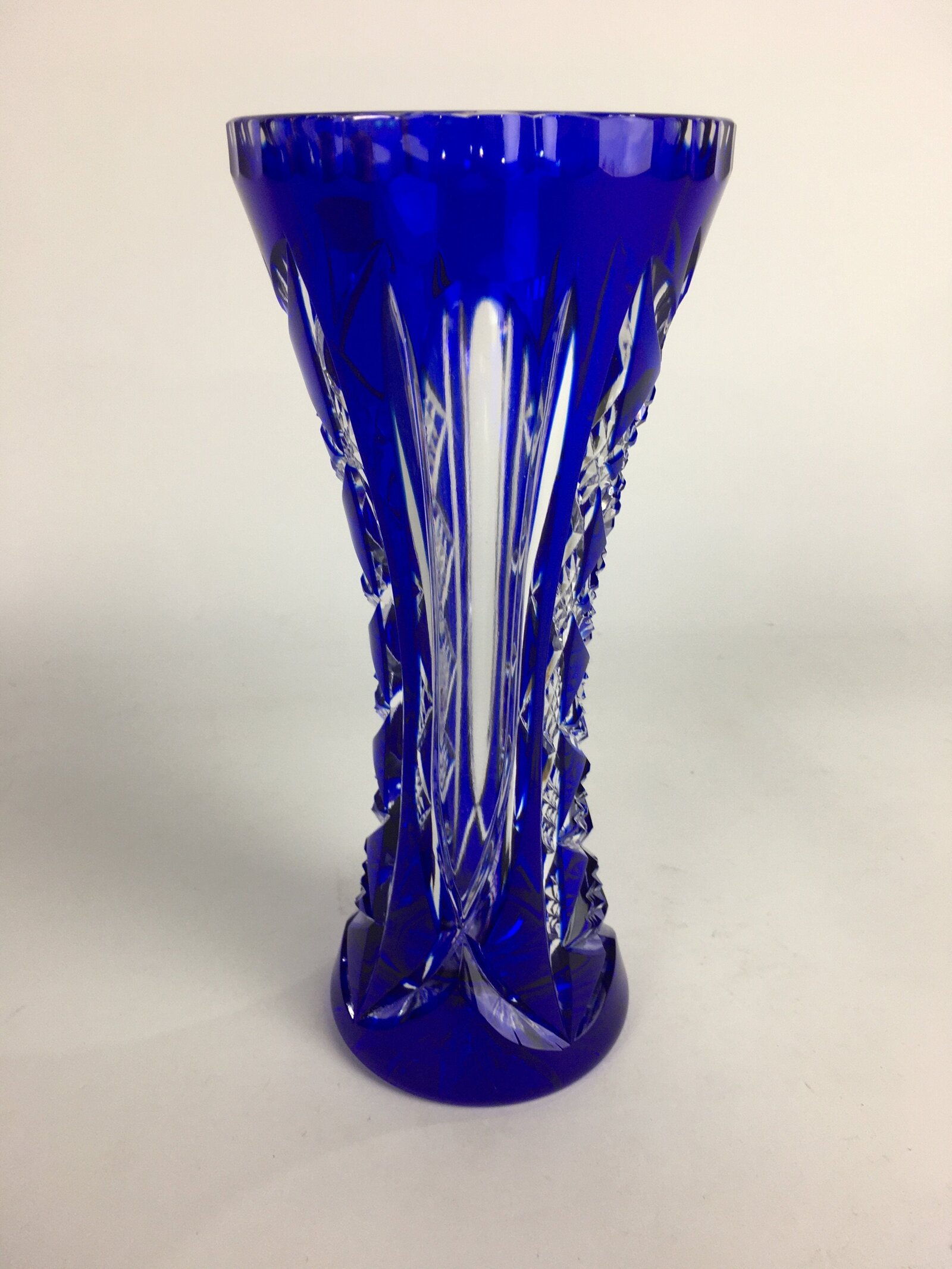 Polish Crystal Glass Flower Vase Kabin POLONIA Vtg Blue Kiriko Glass Ikebana FV9