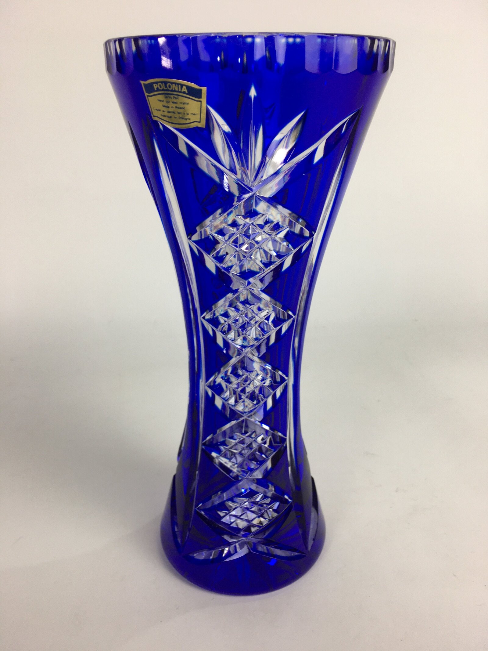 Polish Crystal Glass Flower Vase Kabin POLONIA Vtg Blue Kiriko Glass Ikebana FV9