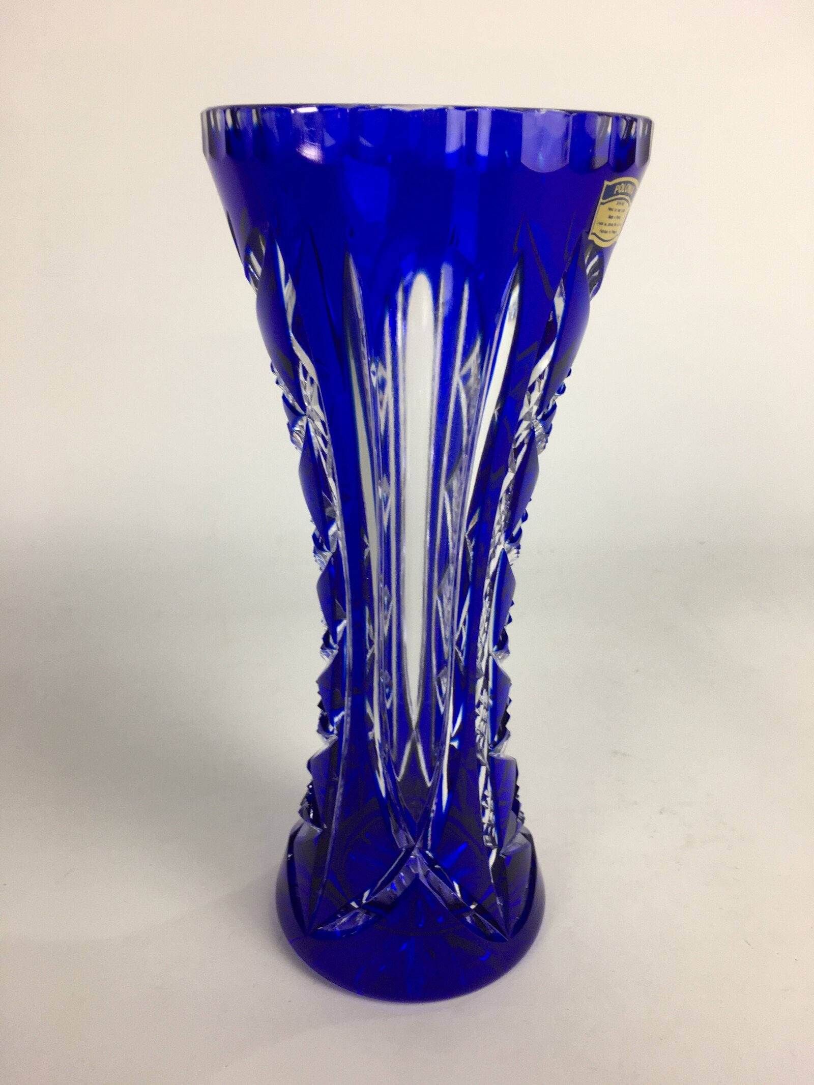 Polish Crystal Glass Flower Vase Kabin POLONIA Vtg Blue Kiriko Glass Ikebana FV9
