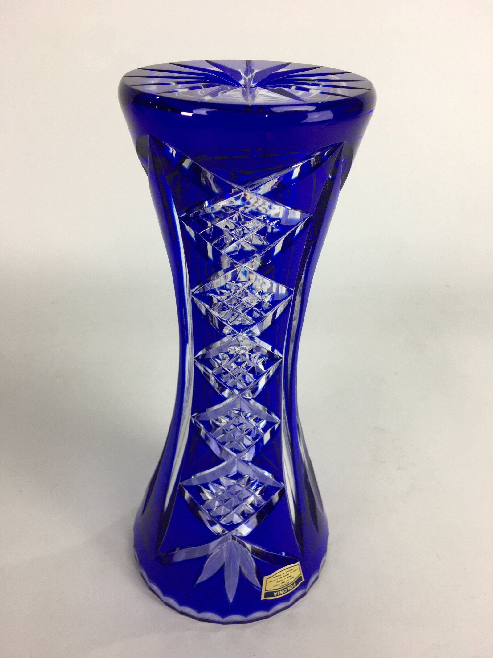 Polish Crystal Glass Flower Vase Kabin POLONIA Vtg Blue Kiriko Glass Ikebana FV9
