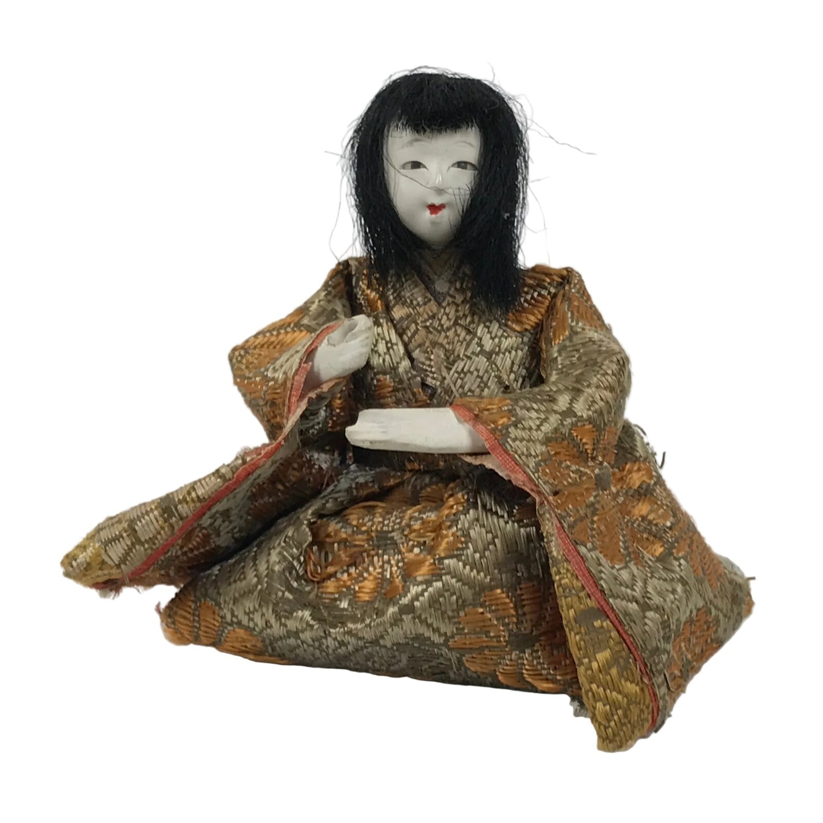 Antique Japanese Hina Doll Ningyo Court Musician Fan Girls Day Silk Wood ID666