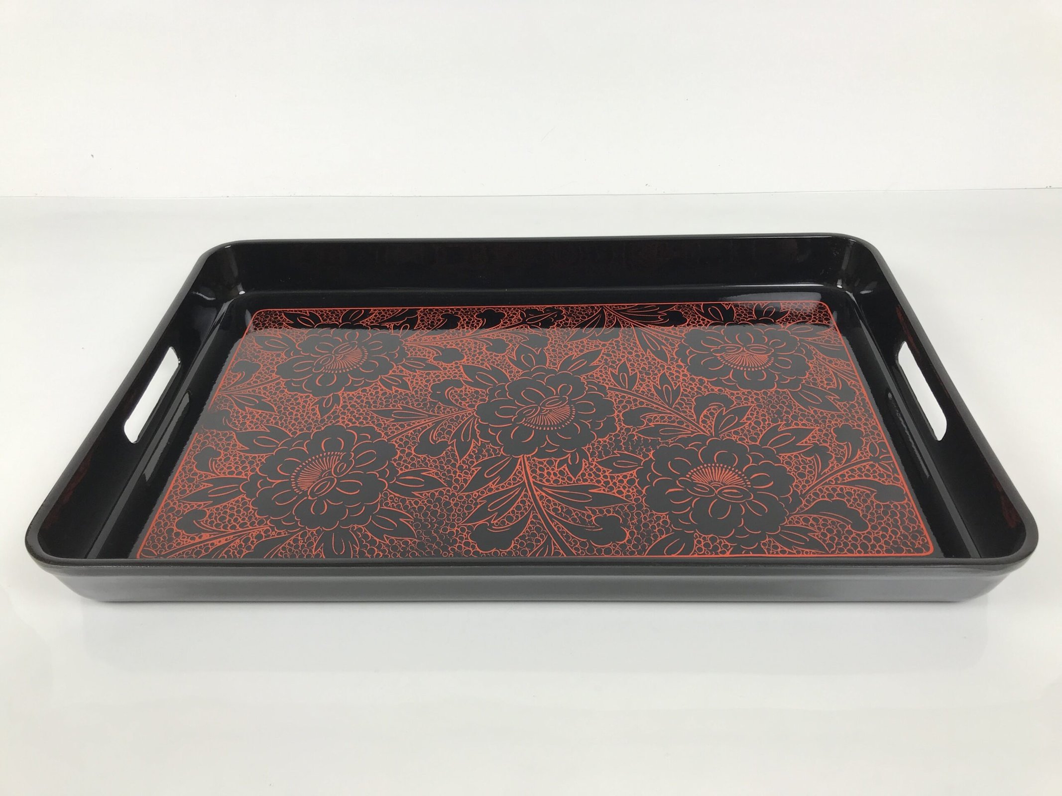 Japanese Resin Lacquer Replica Serving Tray Obon Rectangle Black Red Peony L591 - Image 2