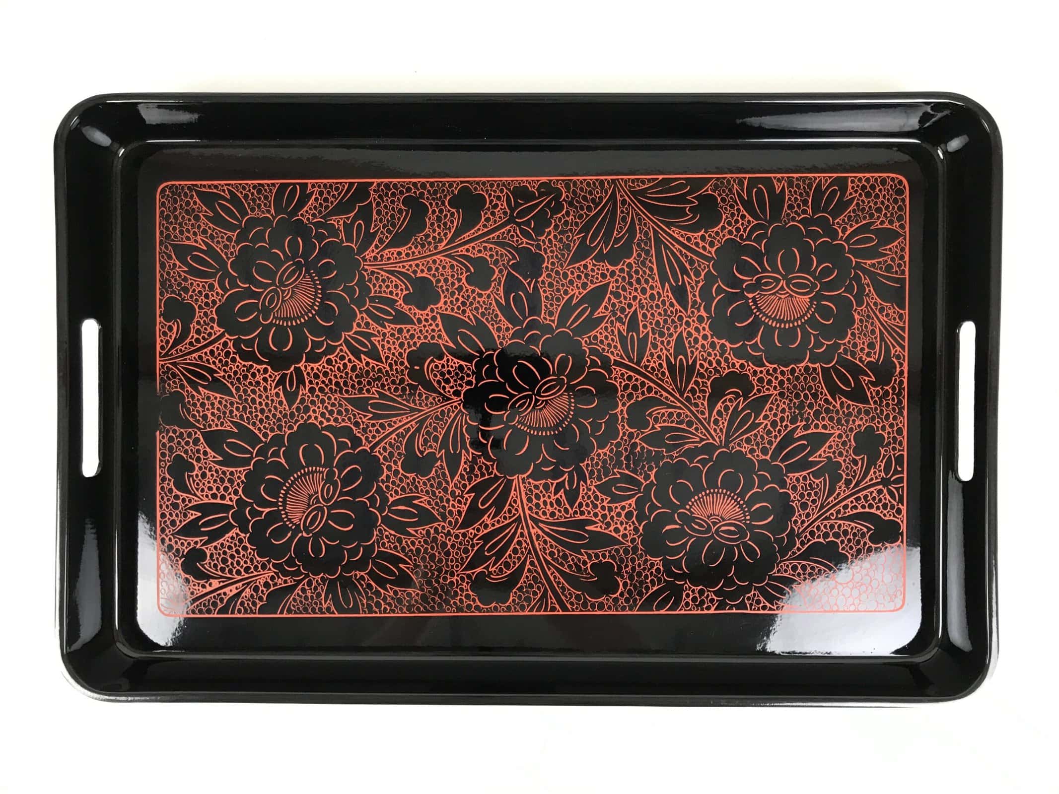 Japanese Resin Lacquer Replica Serving Tray Obon Rectangle Black Red Peony L591 - Image 3