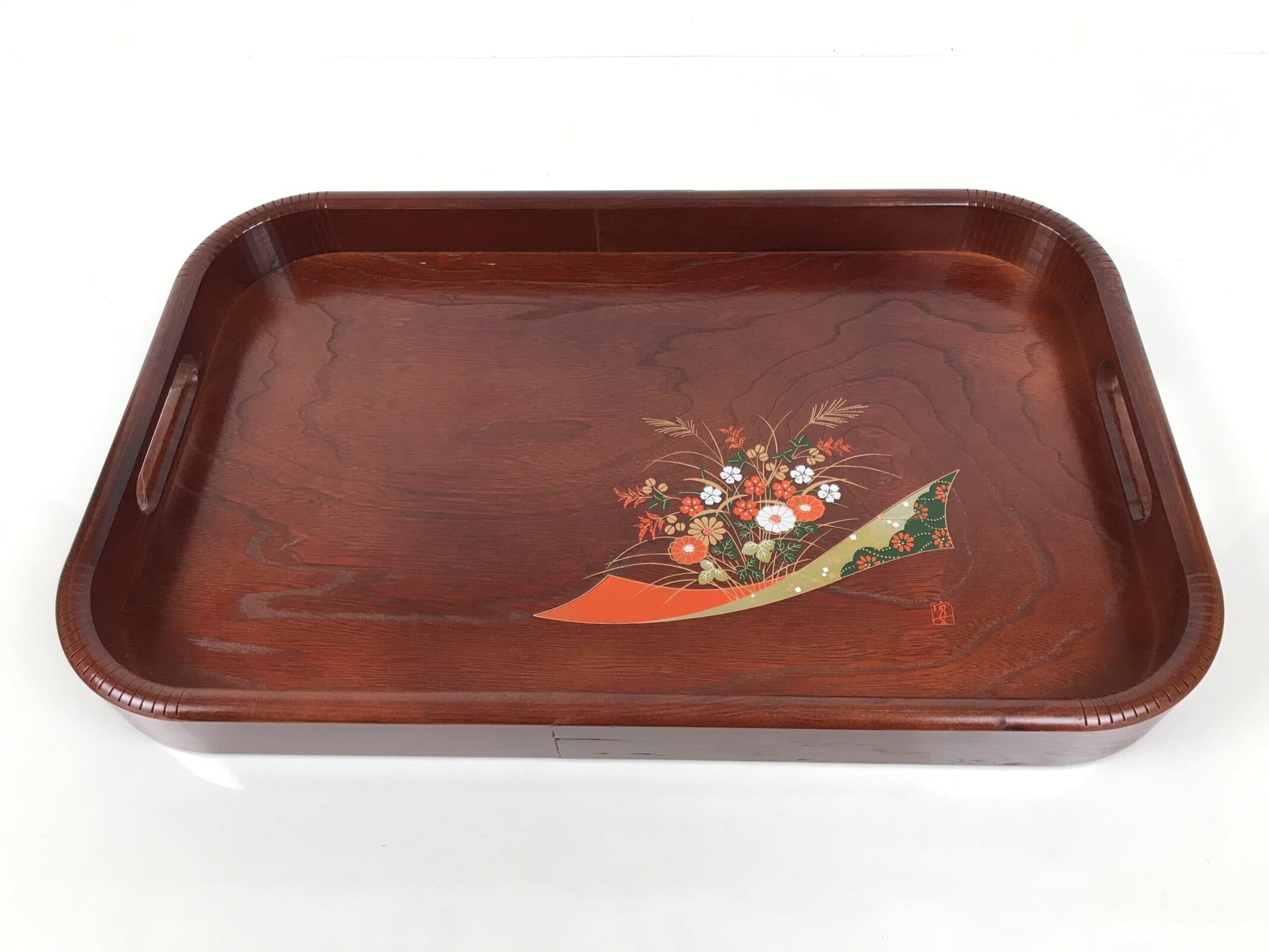 Japanese Brushed Lacquer Wood Serving Tray Obon Vtg Rectangle Floral Makie L586 - Image 2