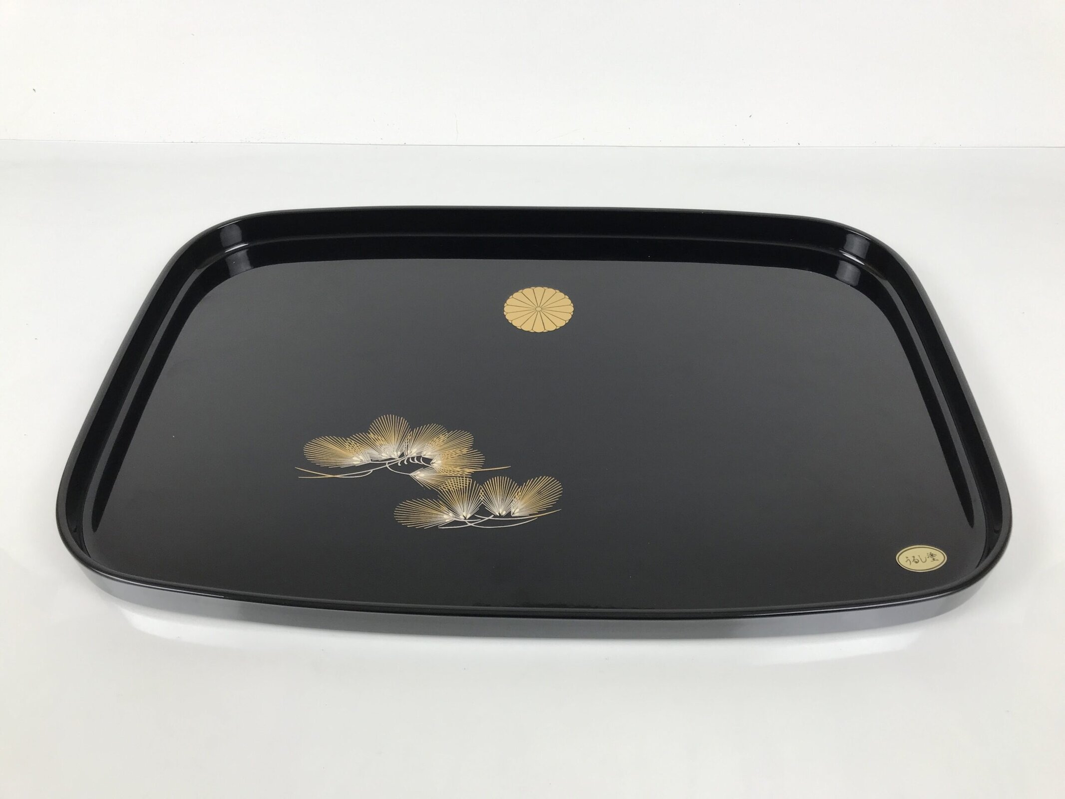 Japanese Lacquered Wood Serving Tray Obon Rectangle Black Gold Makie Pine L590 - Image 2