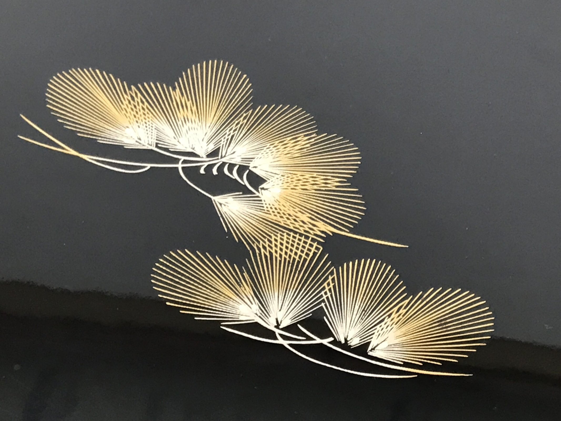 Japanese Lacquered Wood Serving Tray Obon Rectangle Black Gold Makie Pine L590 - Image 5