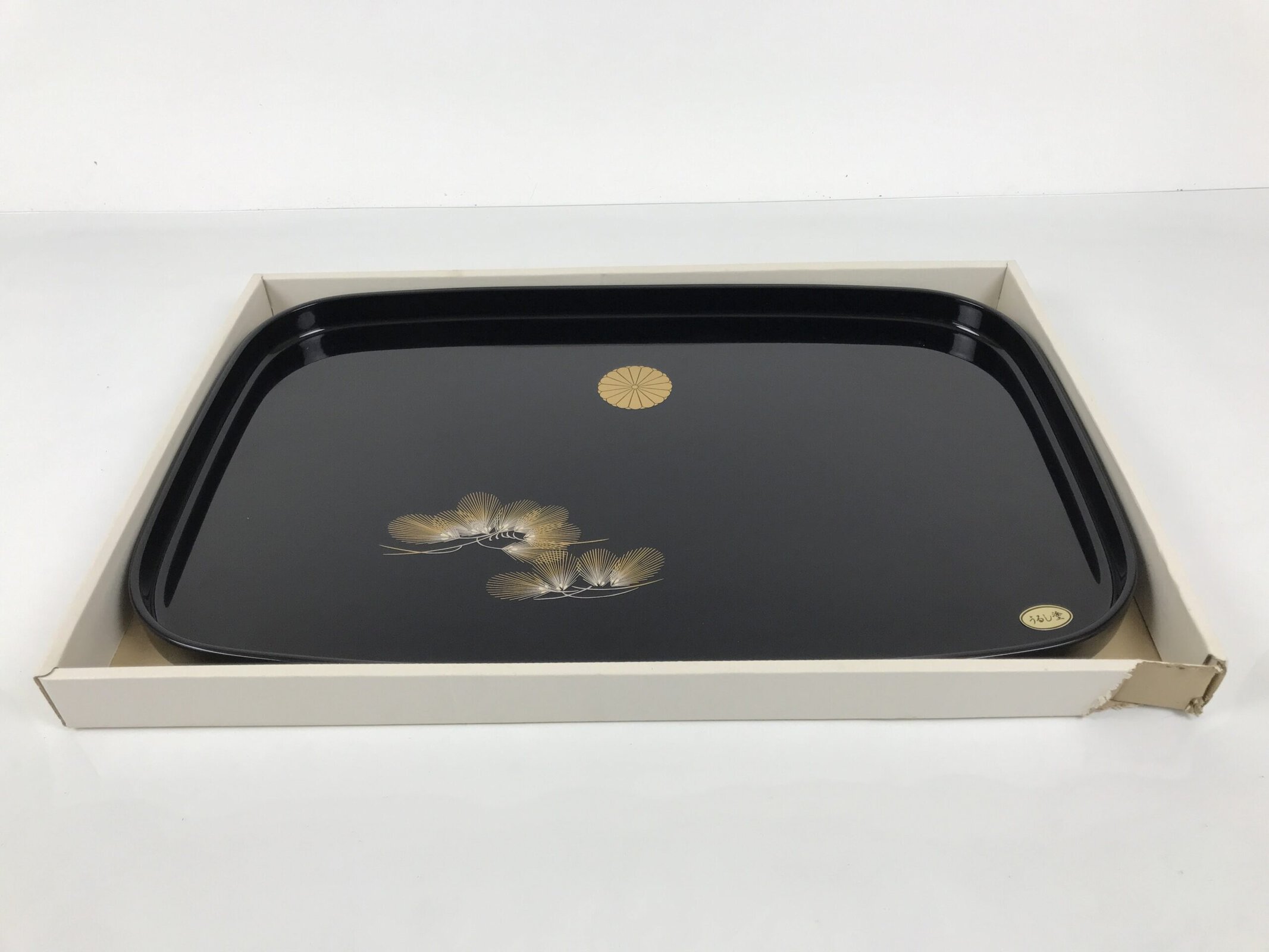 Japanese Lacquered Wood Serving Tray Obon Rectangle Black Gold Makie Pine L590 - Image 12