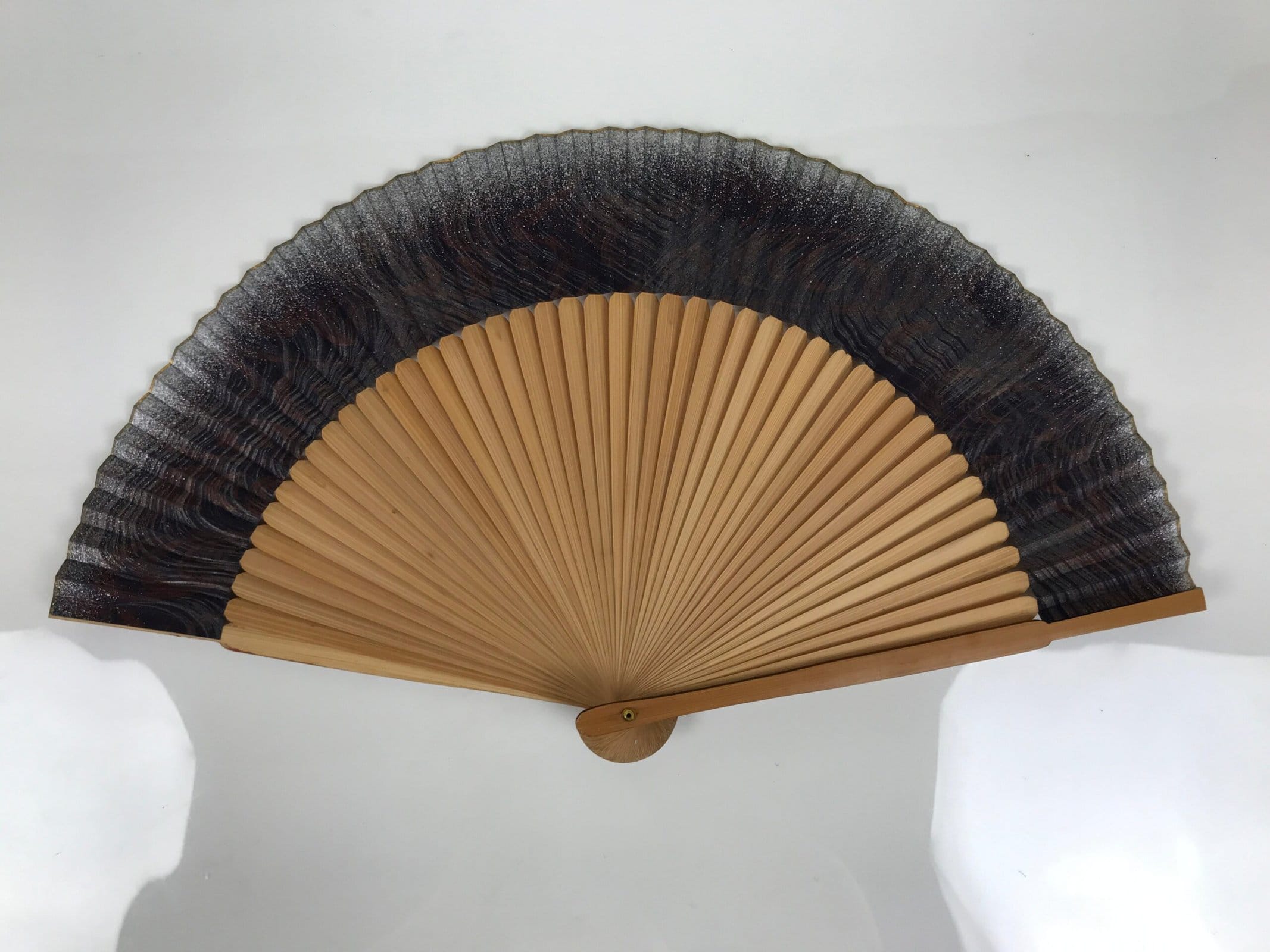 Japanese Paper Folding Fan Sensu Vtg Bamboo Frame Black Silver Brown Wave 5D41 - Image 2