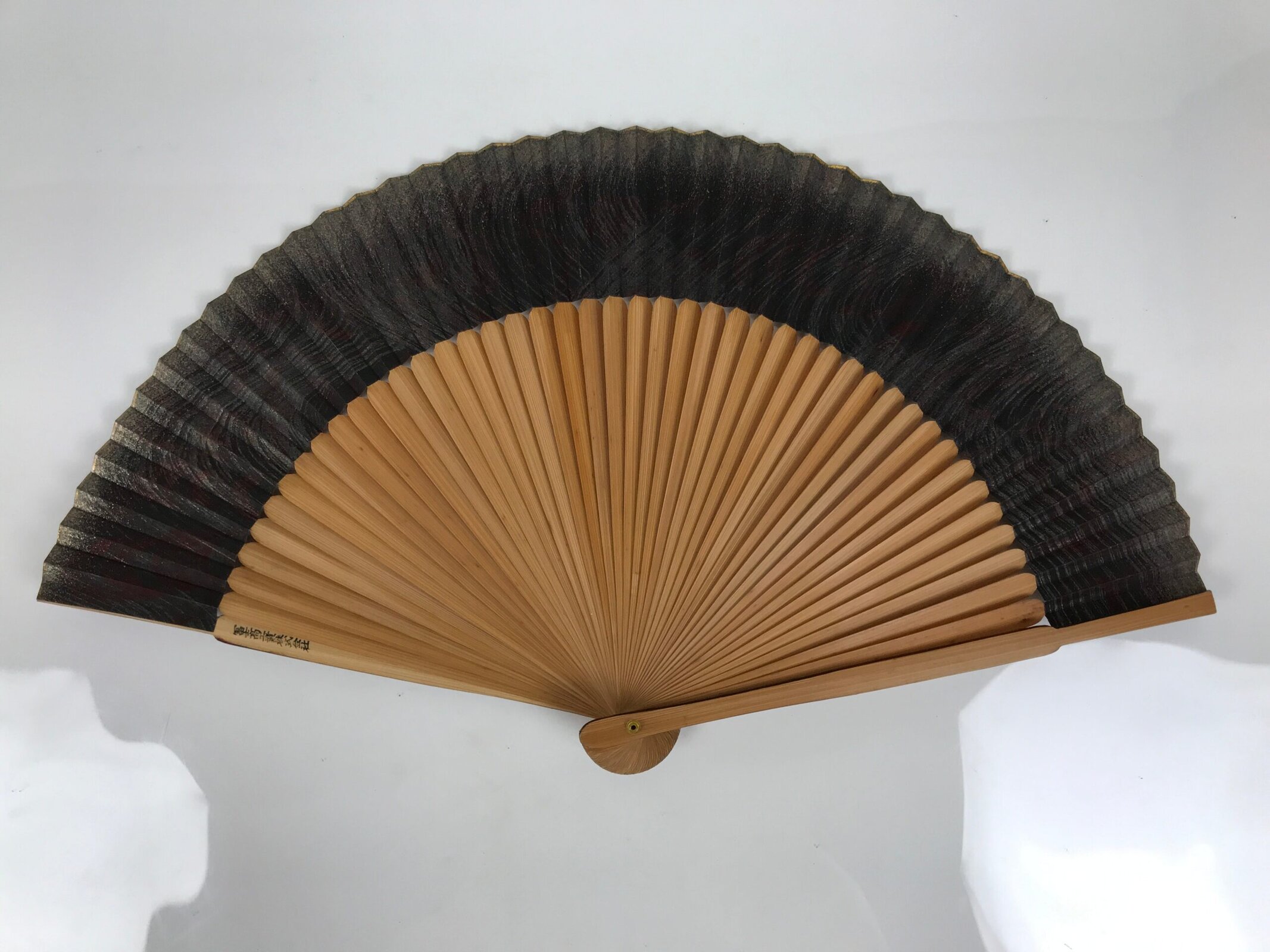 Japanese Paper Folding Fan Sensu Vtg Bamboo Frame Black Silver Brown Wave 5D41 - Image 7