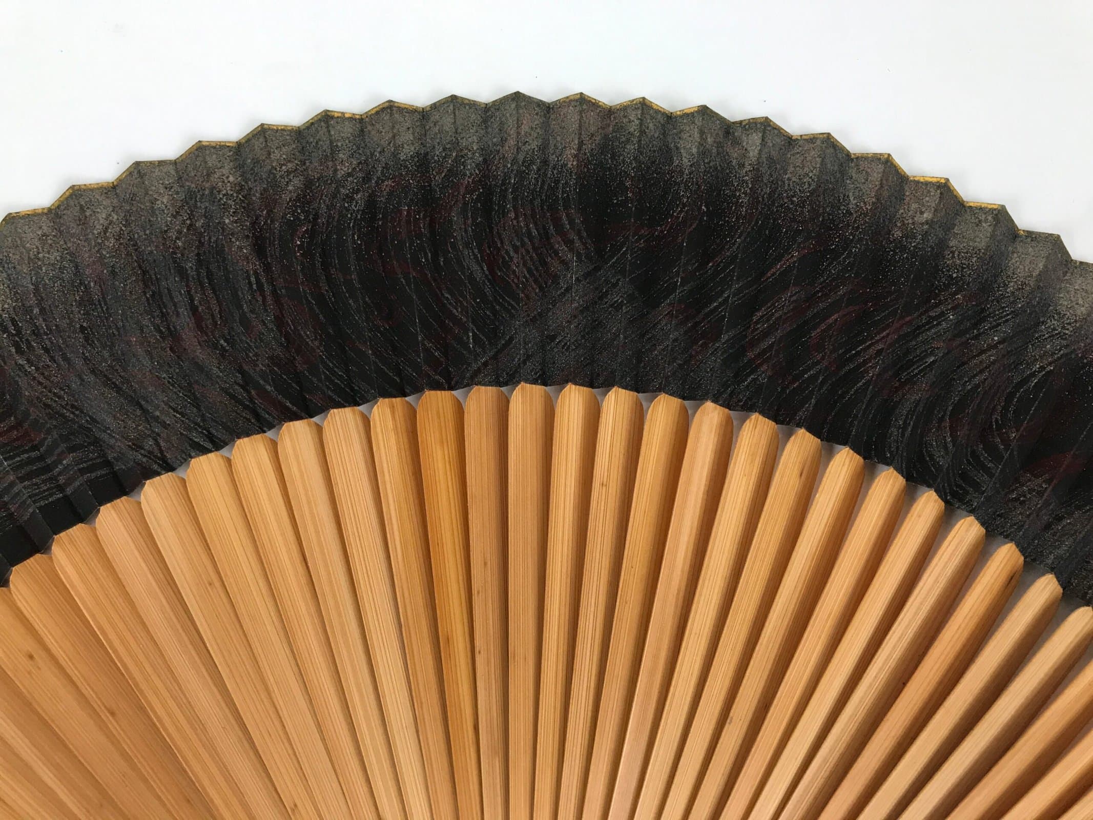 Japanese Paper Folding Fan Sensu Vtg Bamboo Frame Black Silver Brown Wave 5D41 - Image 9
