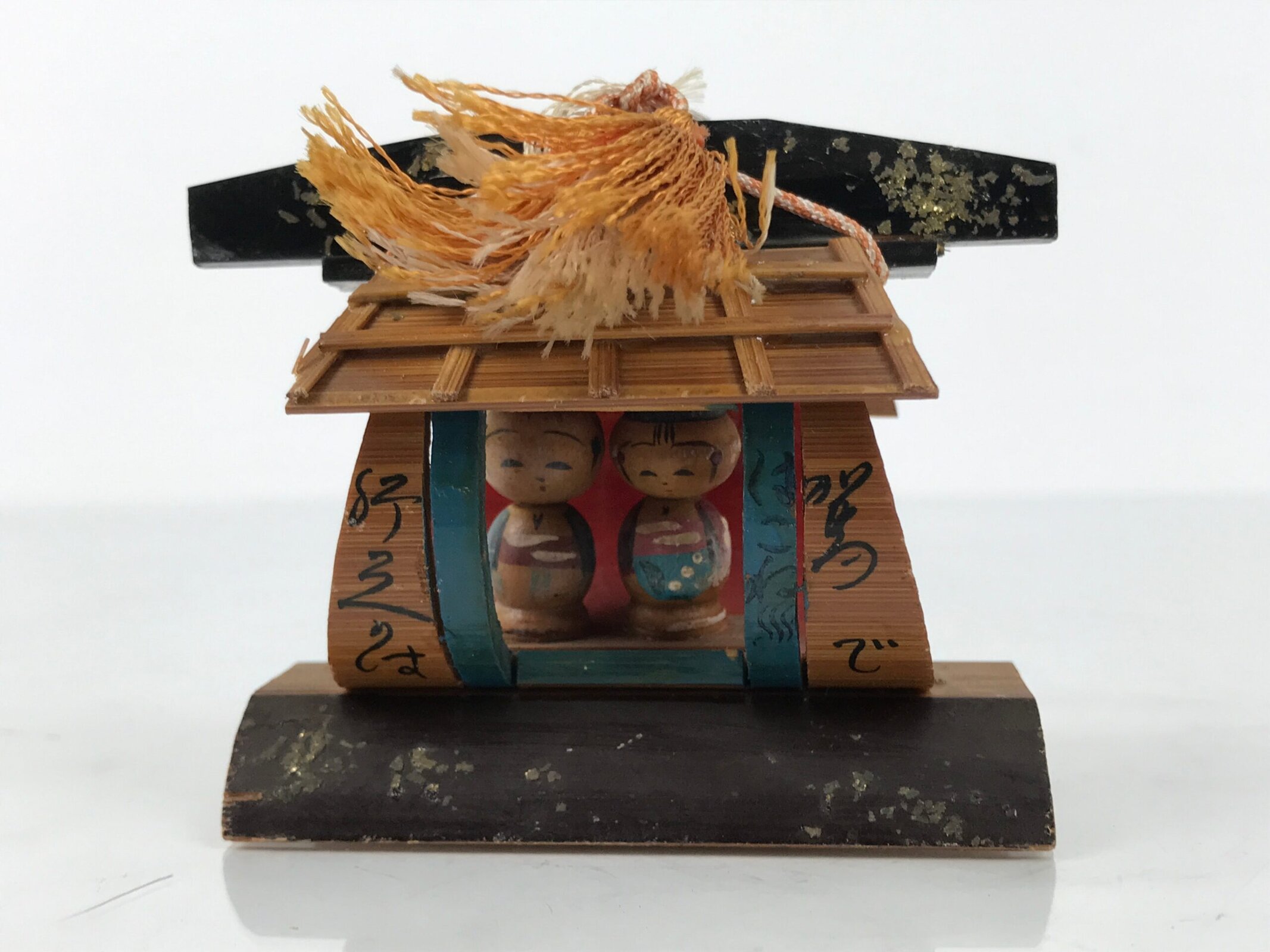 Japanese Bamboo Kokeshi Doll Vtg Kimono Couple Figurine Palanquin Hakone KF829