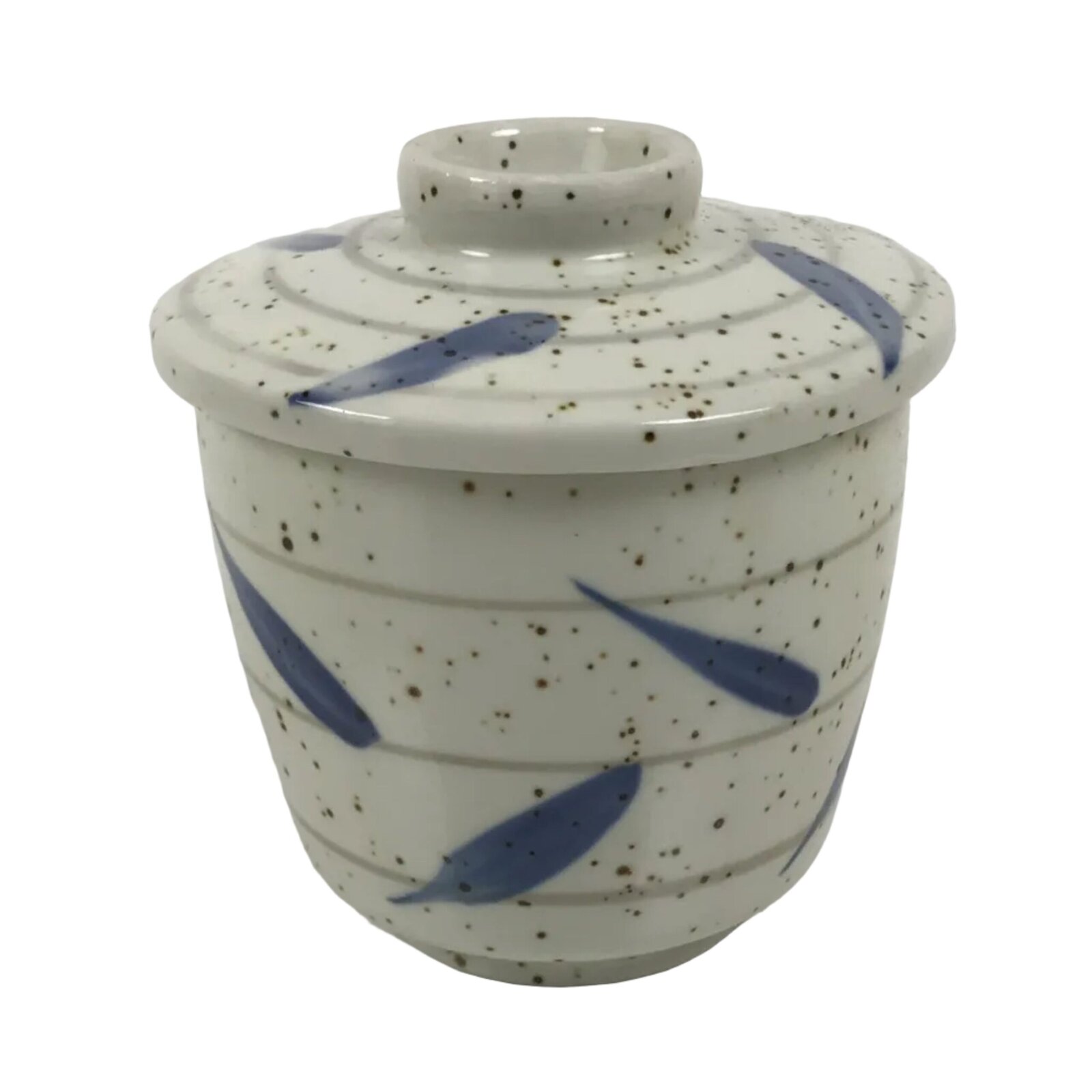 Japanese Ceramic Lidded Bowl Mushiwan Cup Pottery White Blue Bamboo Leaves Y545