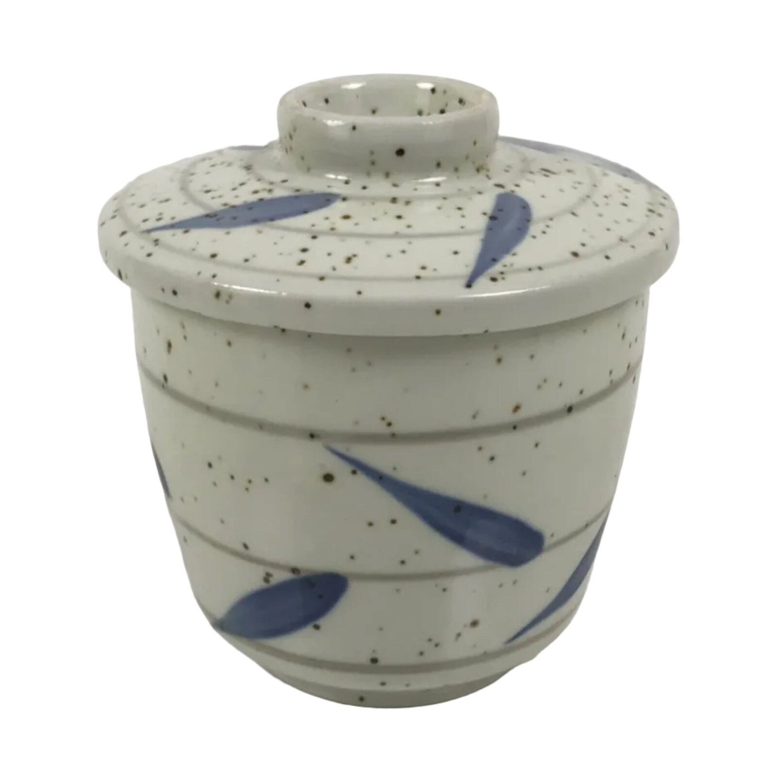 Japanese Ceramic Lidded Bowl Mushiwan Cup Pottery White Blue Bamboo Leaves Y547