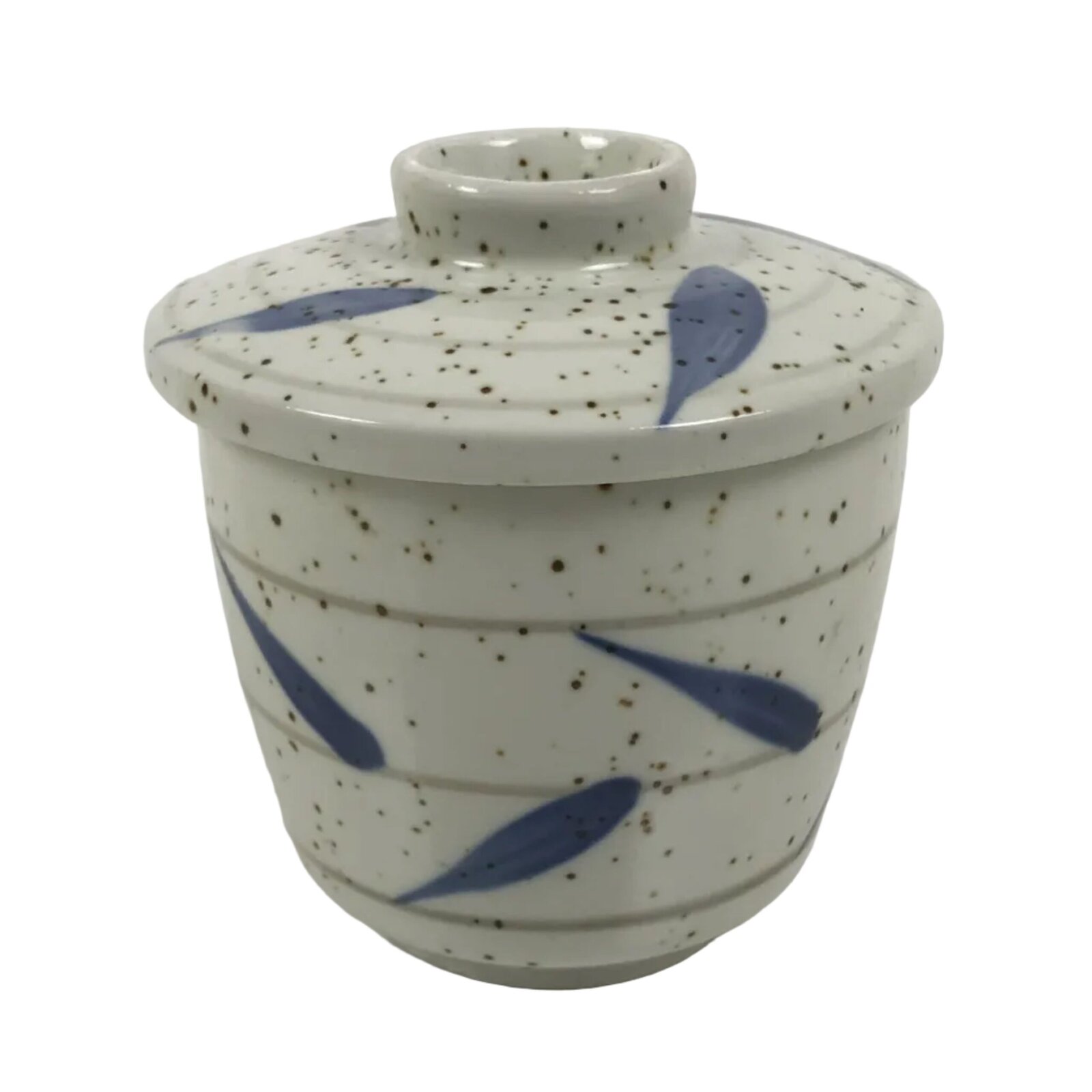 Japanese Ceramic Lidded Bowl Mushiwan Cup Pottery White Blue Bamboo Leaves Y548