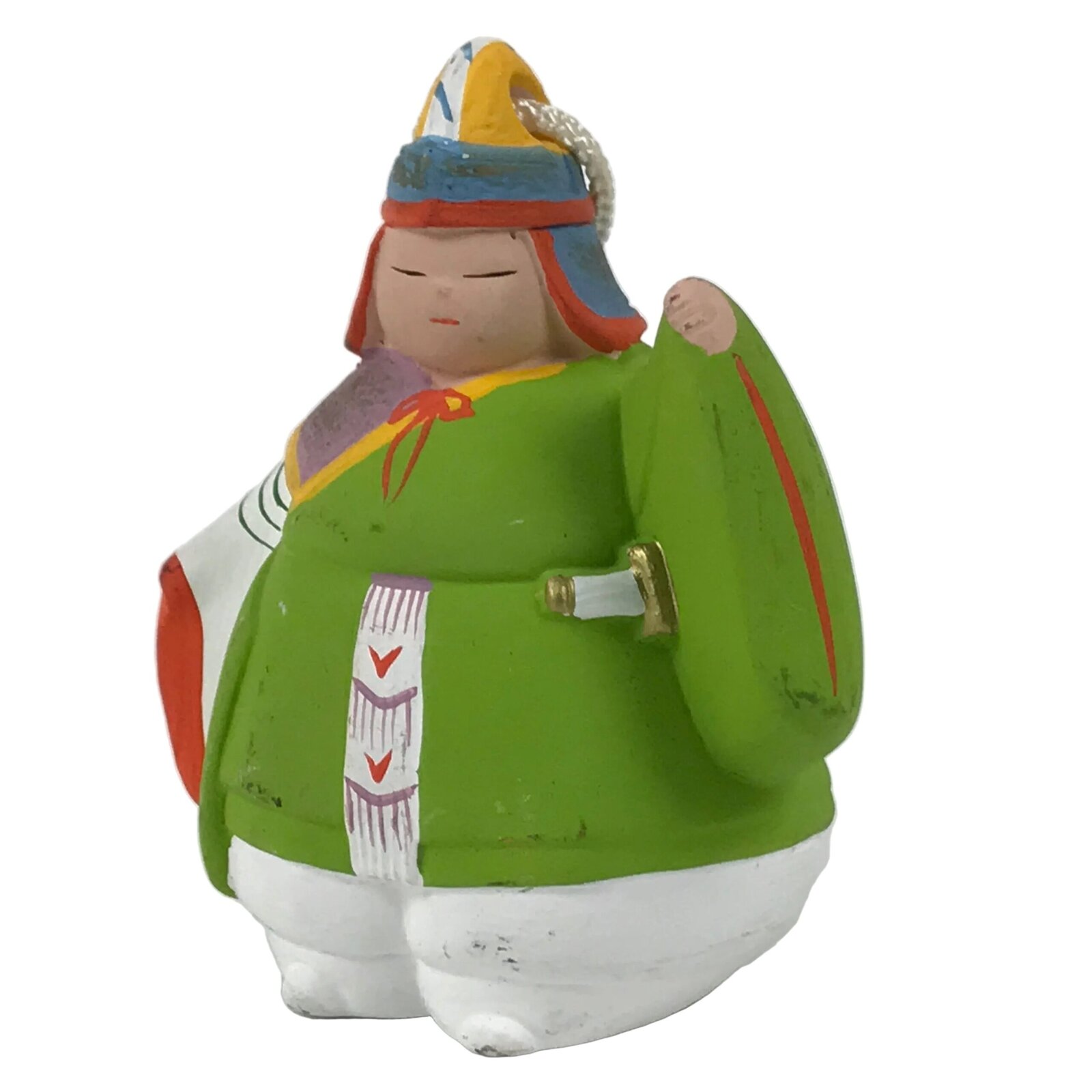 Japanese Clay Bell Dorei Bugaku Dancer Vtg Tsuchi-Suzu Green Kimono Man DR658