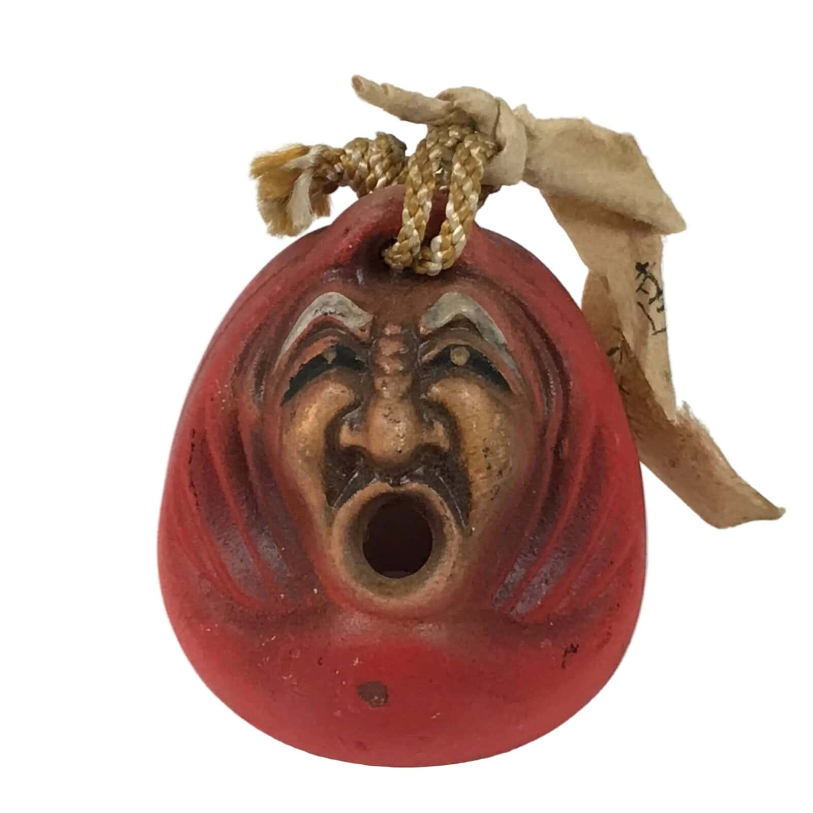 Japanese Clay Bell Dorei Daruma Vtg Tsuchi-Suzu Red Scream Kumedera Temple DR657