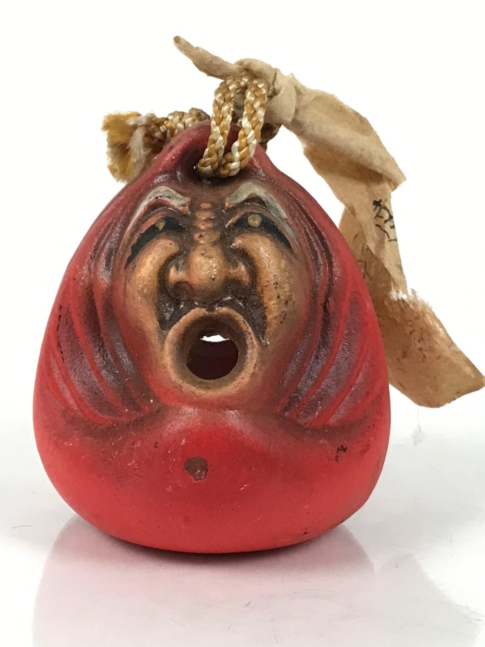 Japanese Clay Bell Dorei Daruma Vtg Tsuchi-Suzu Red Scream Kumedera Temple DR657