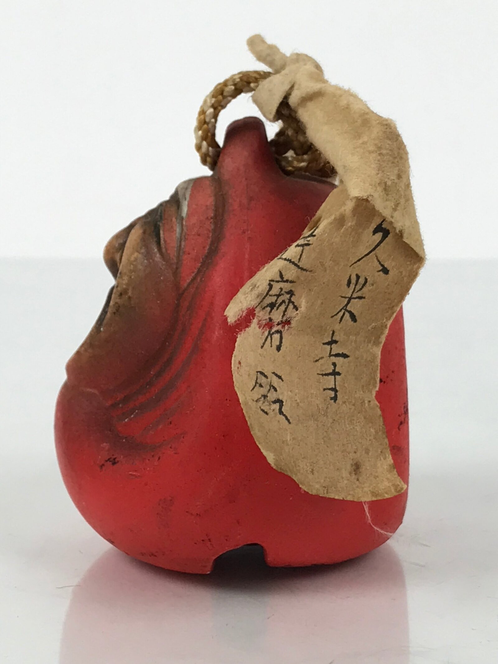 Japanese Clay Bell Dorei Daruma Vtg Tsuchi-Suzu Red Scream Kumedera Temple DR657