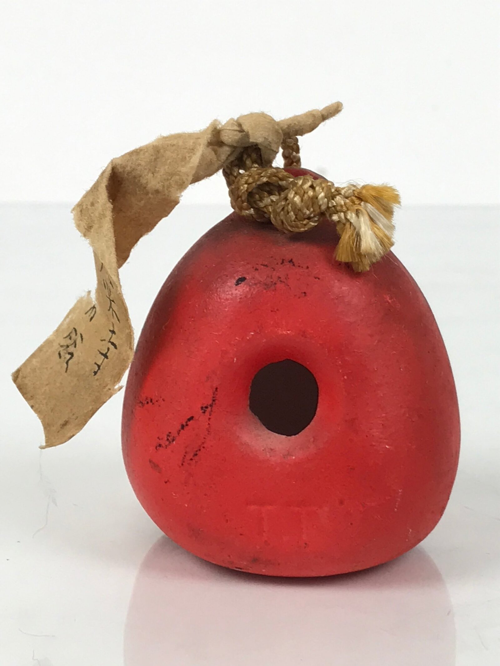 Japanese Clay Bell Dorei Daruma Vtg Tsuchi-Suzu Red Scream Kumedera Temple DR657