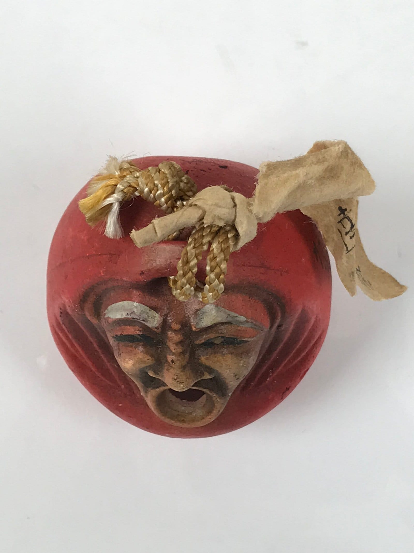 Japanese Clay Bell Dorei Daruma Vtg Tsuchi-Suzu Red Scream Kumedera Temple DR657