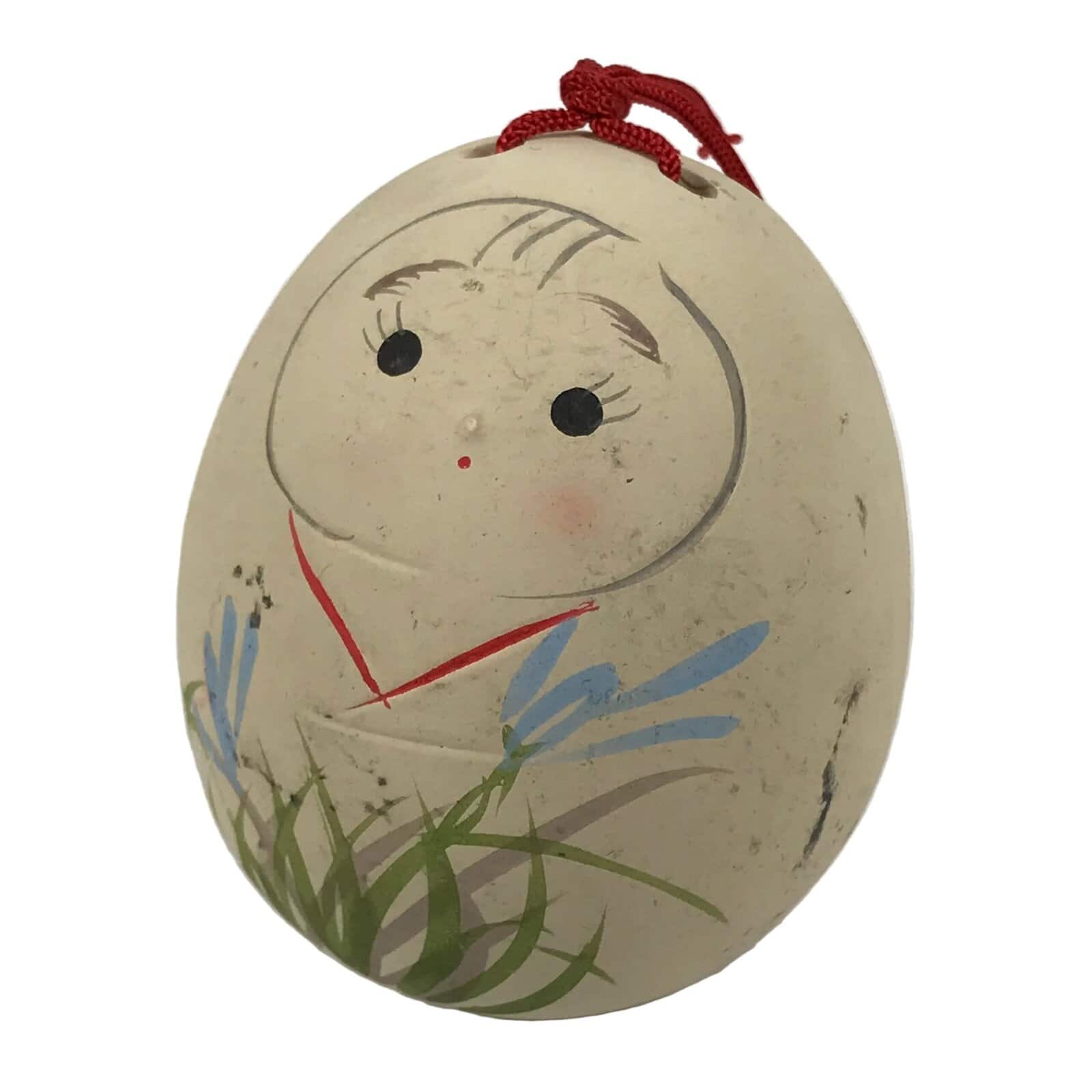 Japanese Clay Bell Dorei Hime Daruma Vtg Tsuchi-Suzu Flower Kimono Beige DR633