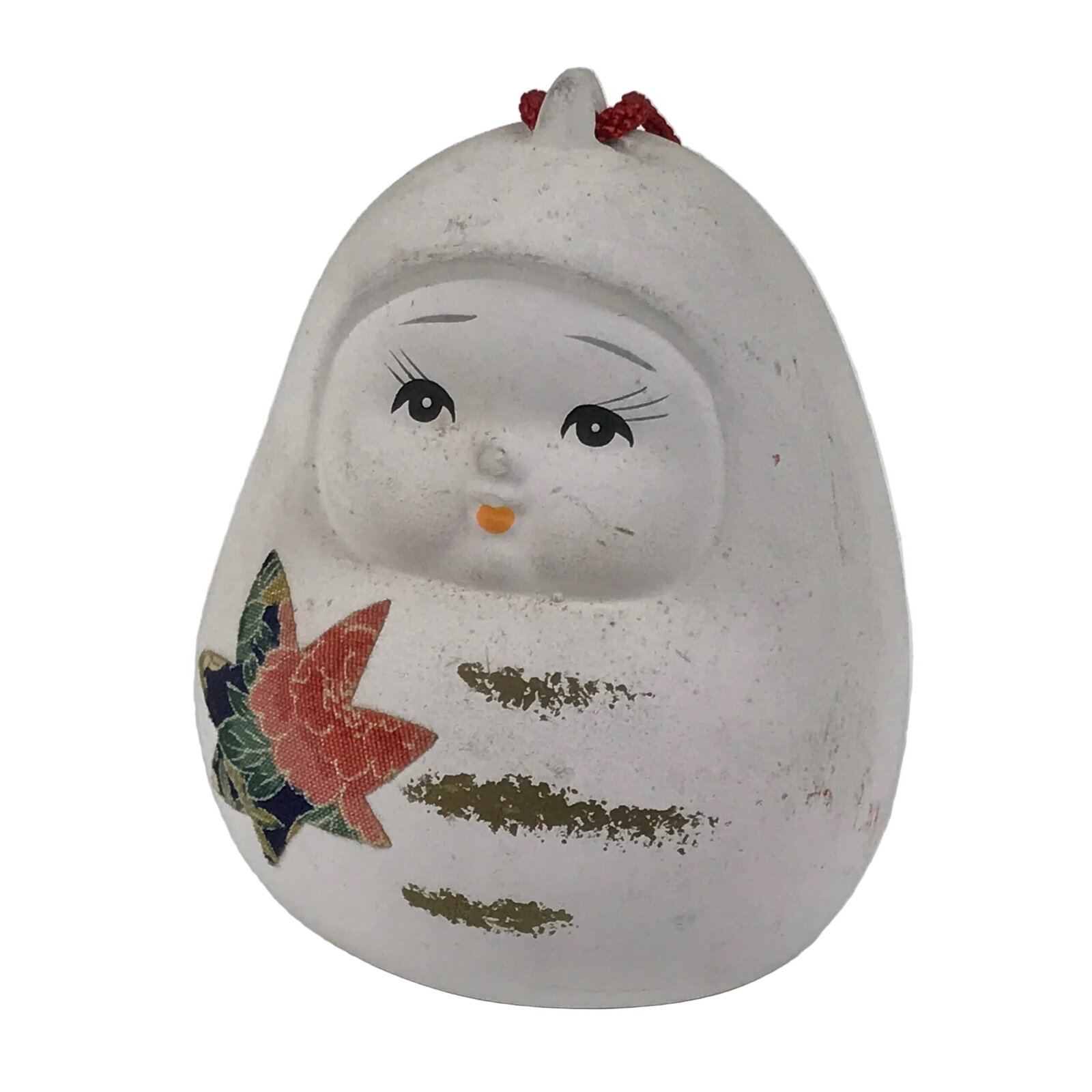 Japanese Clay Bell Dorei Hime Daruma Vtg Tsuchi-Suzu Momiji Peony White DR646