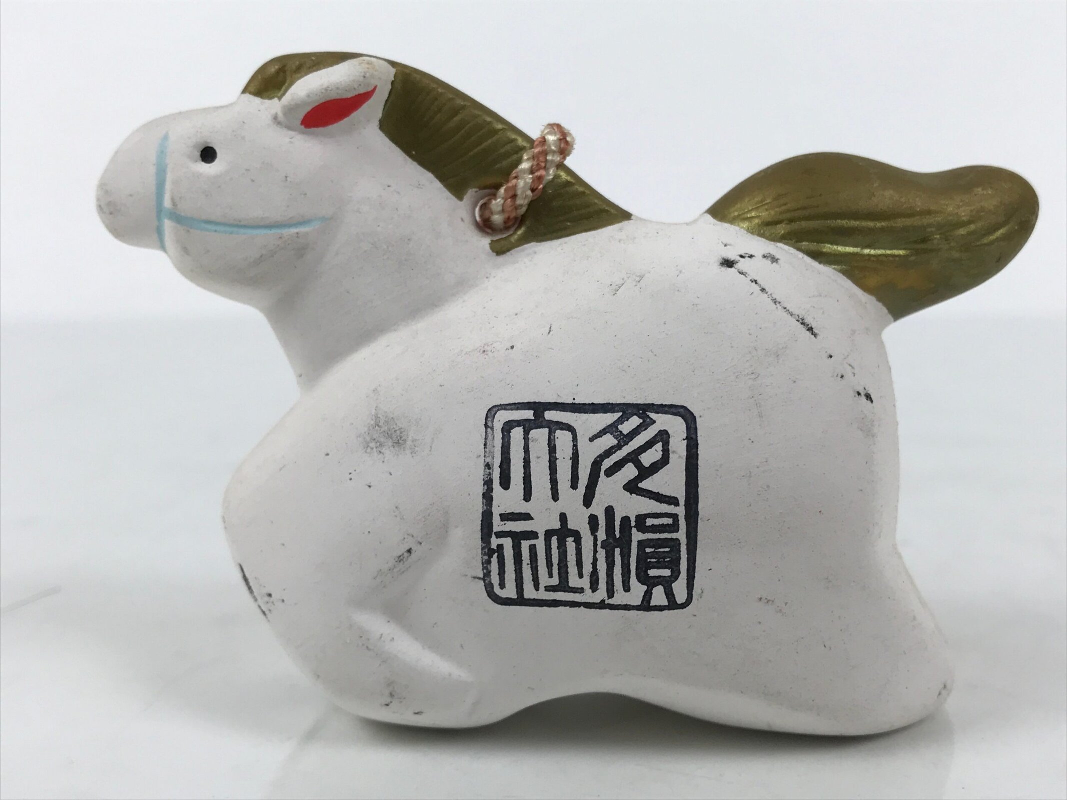 Japanese Clay Bell Dorei Horse Vtg Tsuchi-Suzu Zodiac Animal Uma White DR641