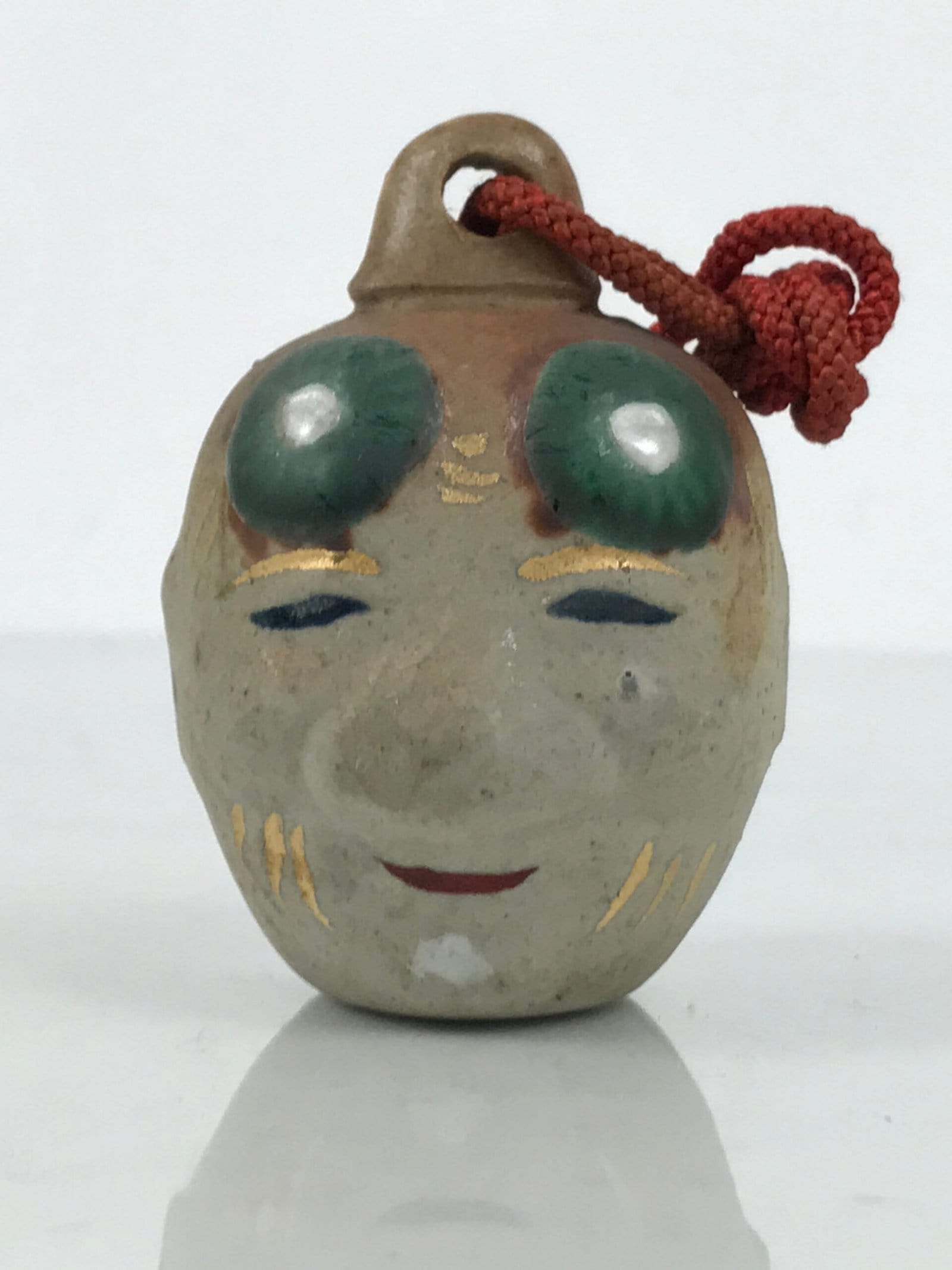 Japanese Clay Bell Dorei Okina Old Man Face Vtg Tsuchi-Suzu Noh Character DR636