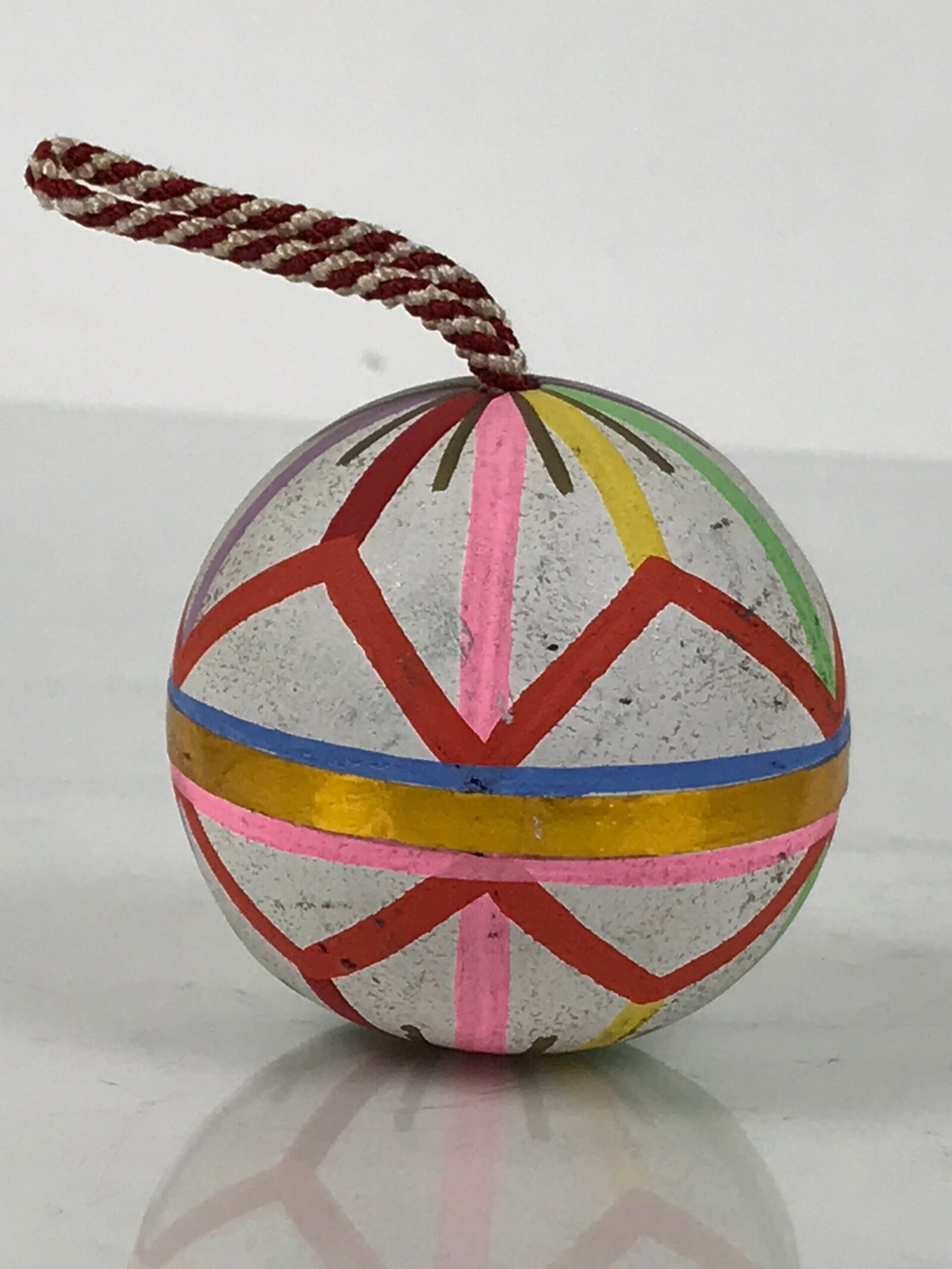 Japanese Clay Bell Dorei Temari Ball Vtg Tsuchi-Suzu Floral White Pink Red DR634