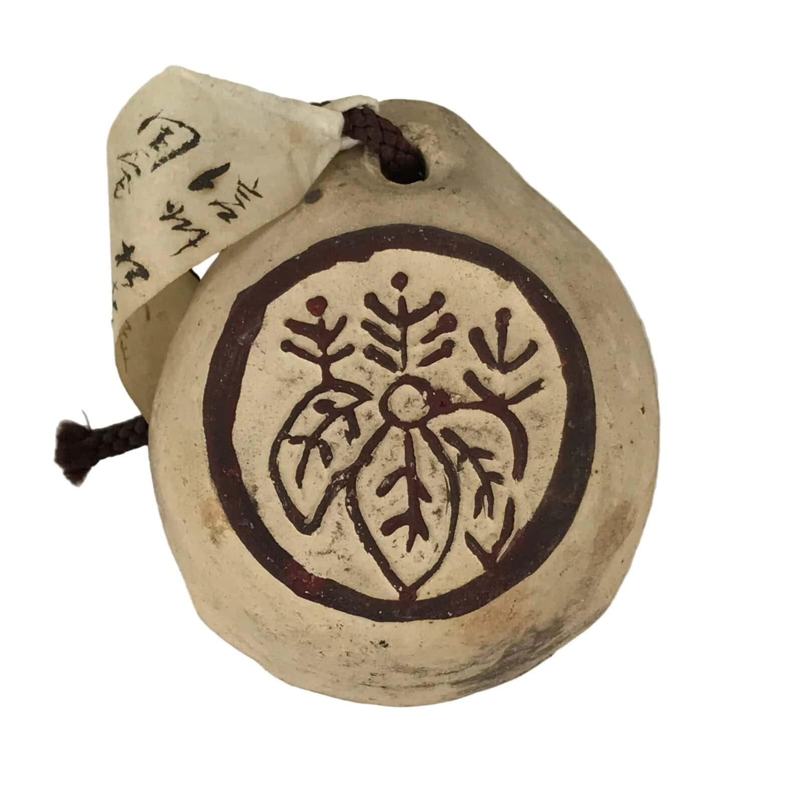 Japanese Clay Bell Dorei Vtg Tsuchi-Suzu Beige Brown Family Crest Castle DR655