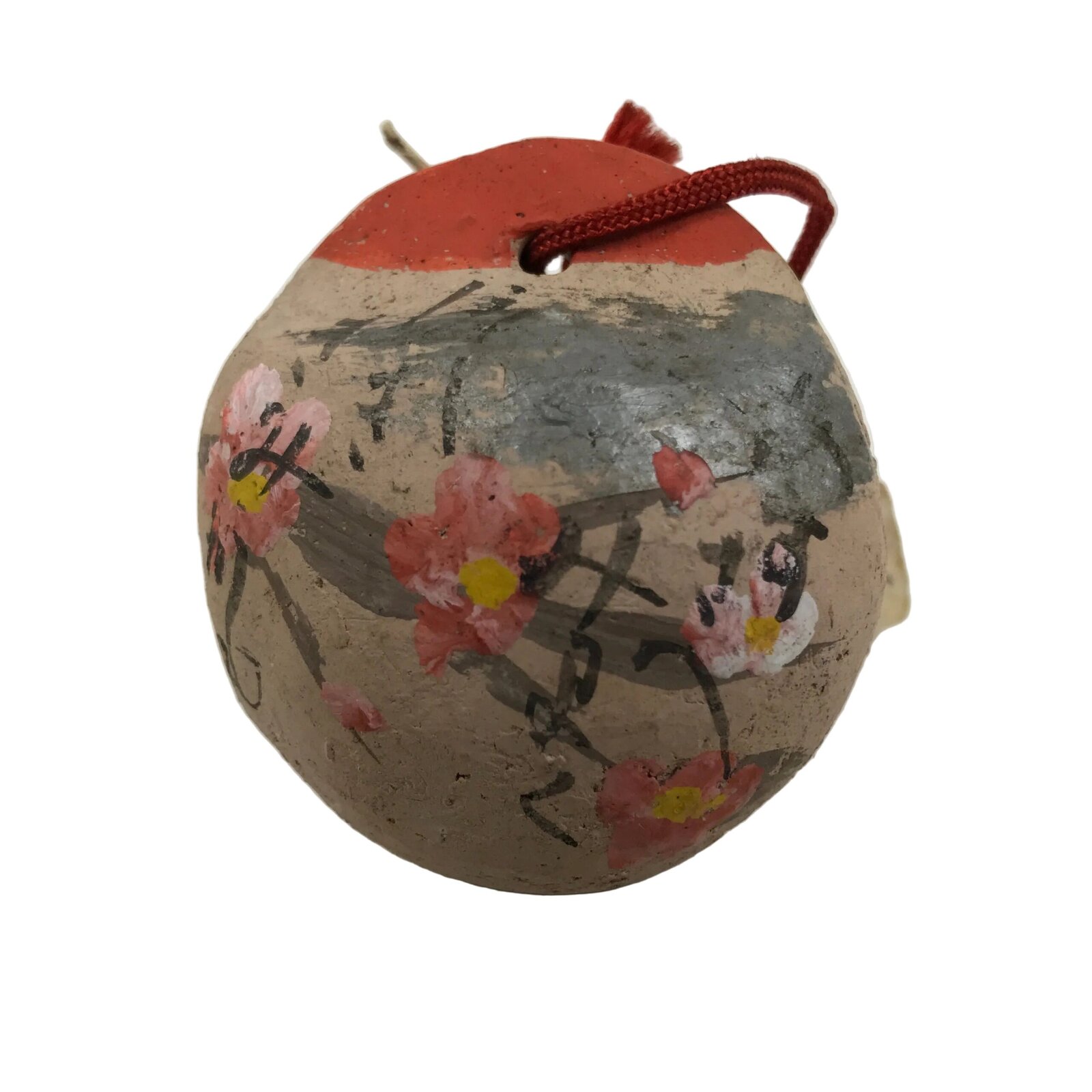 Japanese Clay Bell Dorei Vtg Tsuchi-Suzu Plum Blossom Ume Poem Beige Red DR656
