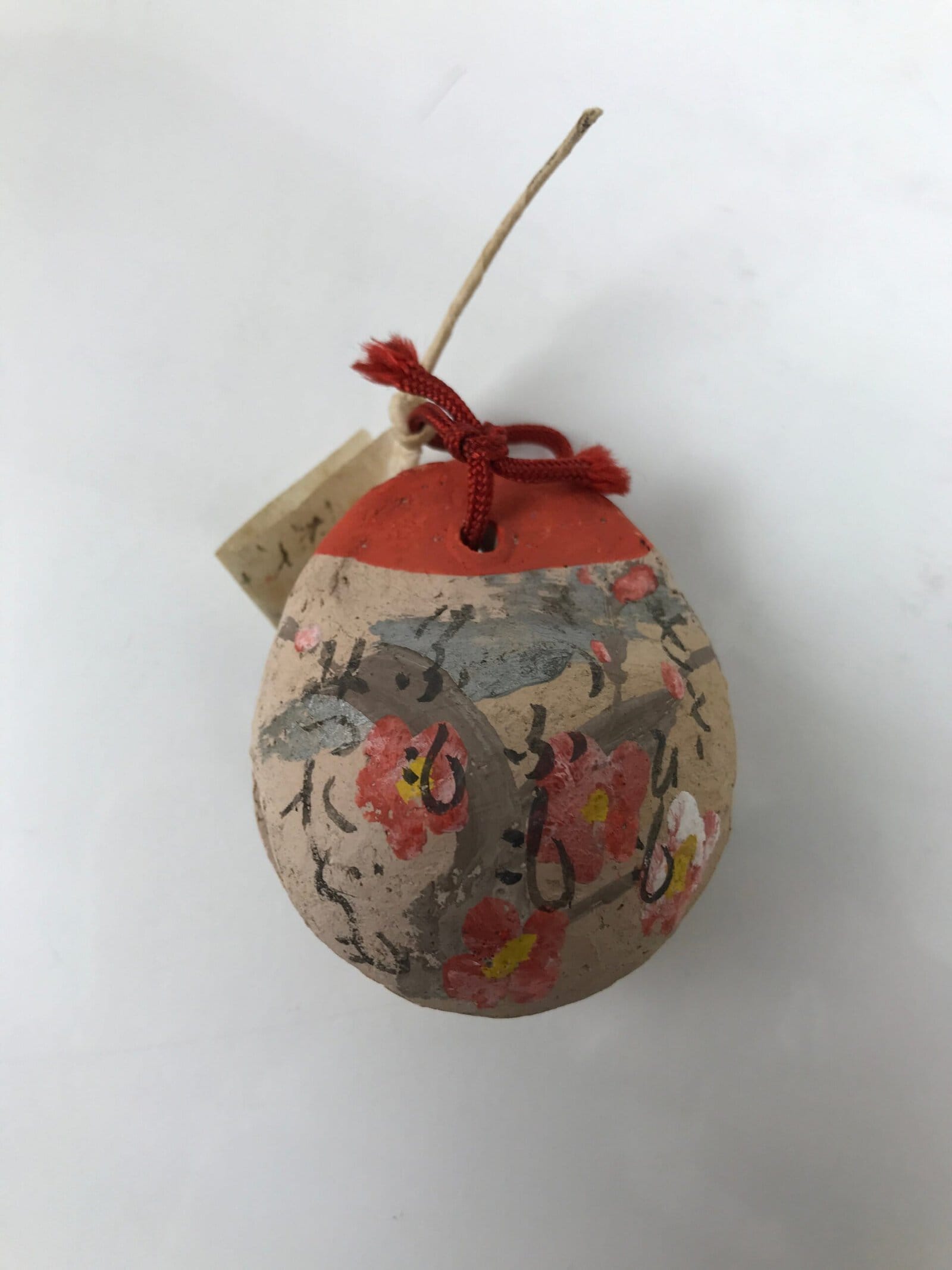 Japanese Clay Bell Dorei Vtg Tsuchi-Suzu Plum Blossom Ume Poem Beige Red DR656