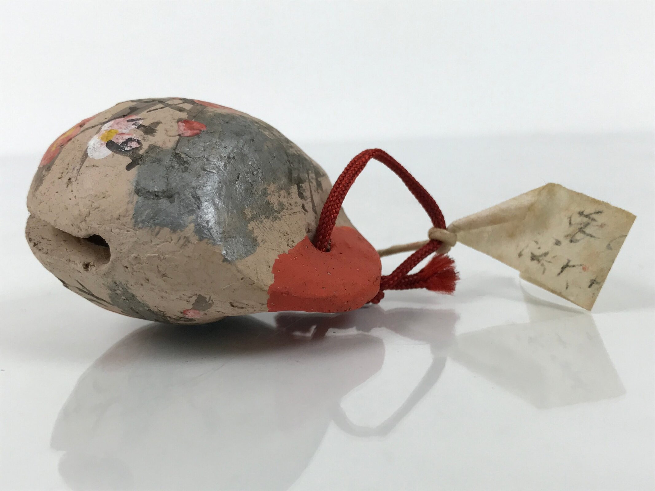 Japanese Clay Bell Dorei Vtg Tsuchi-Suzu Plum Blossom Ume Poem Beige Red DR656