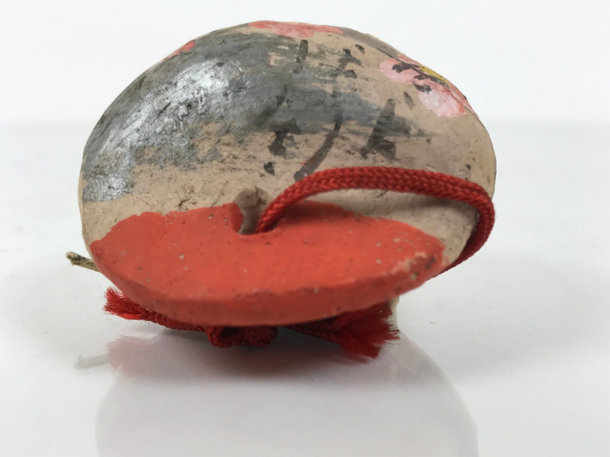 Japanese Clay Bell Dorei Vtg Tsuchi-Suzu Plum Blossom Ume Poem Beige Red DR656