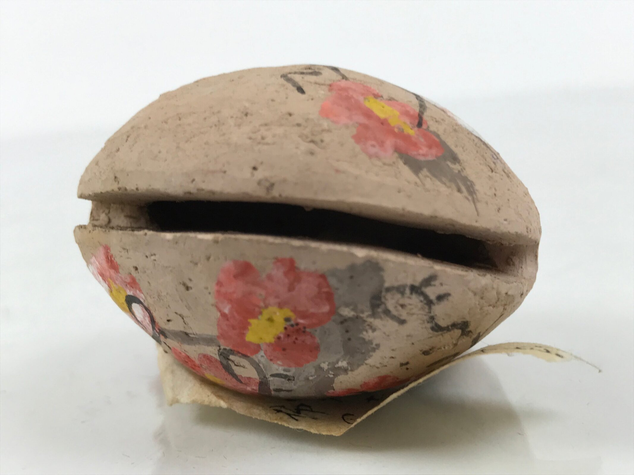 Japanese Clay Bell Dorei Vtg Tsuchi-Suzu Plum Blossom Ume Poem Beige Red DR656