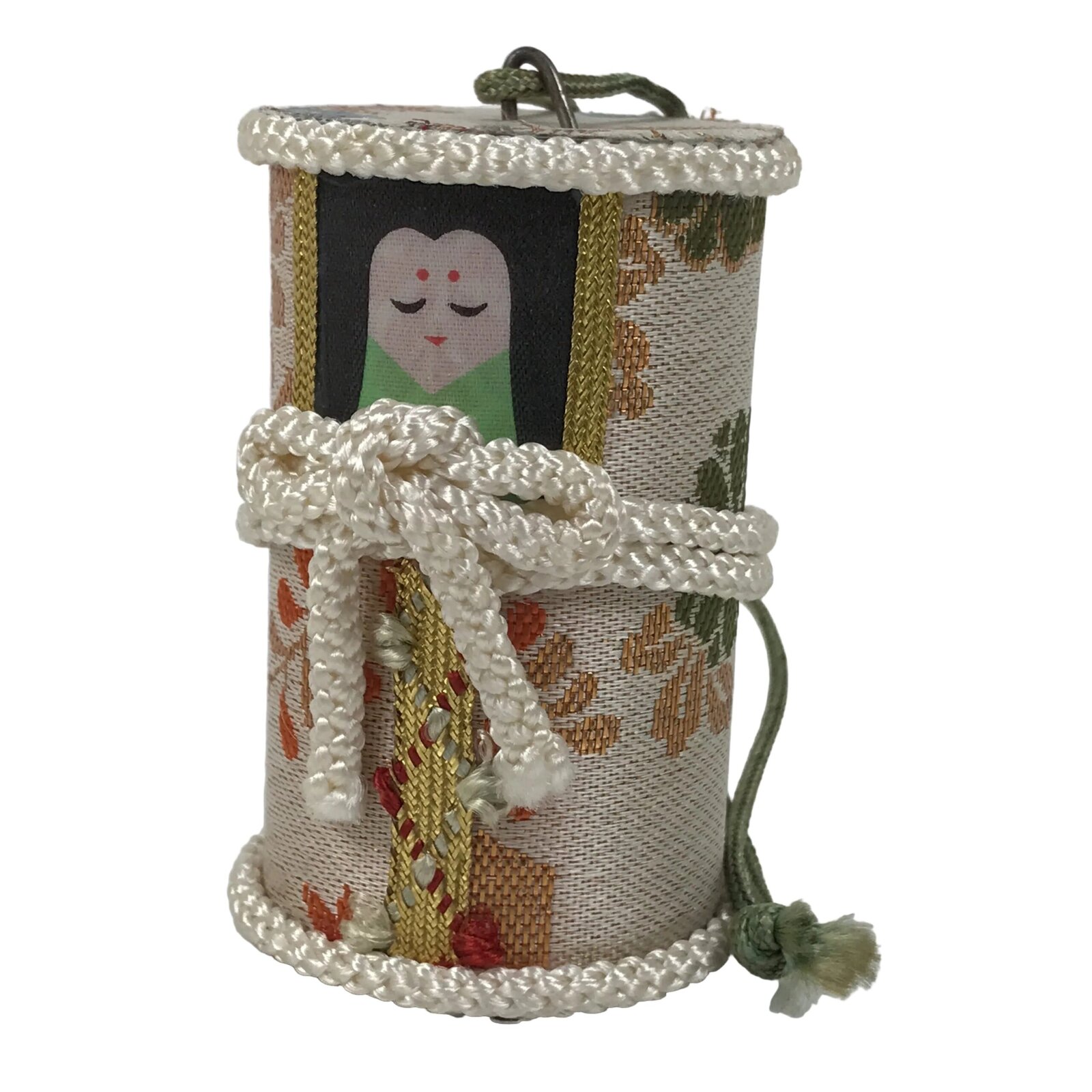 Japanese Hanging Silk Fabric Doll Bell Figurine Gold Cylinder Rattle Woman KF806