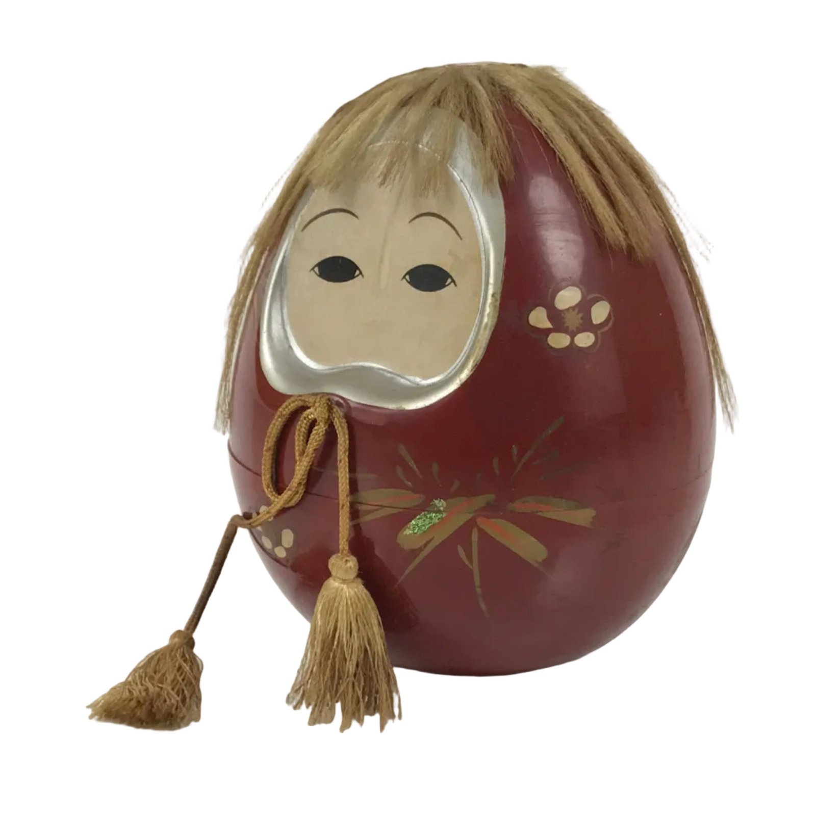 Japanese Kokeshi Doll Vtg Figurine Red Container Hime Daruma Gold Tassel KF795