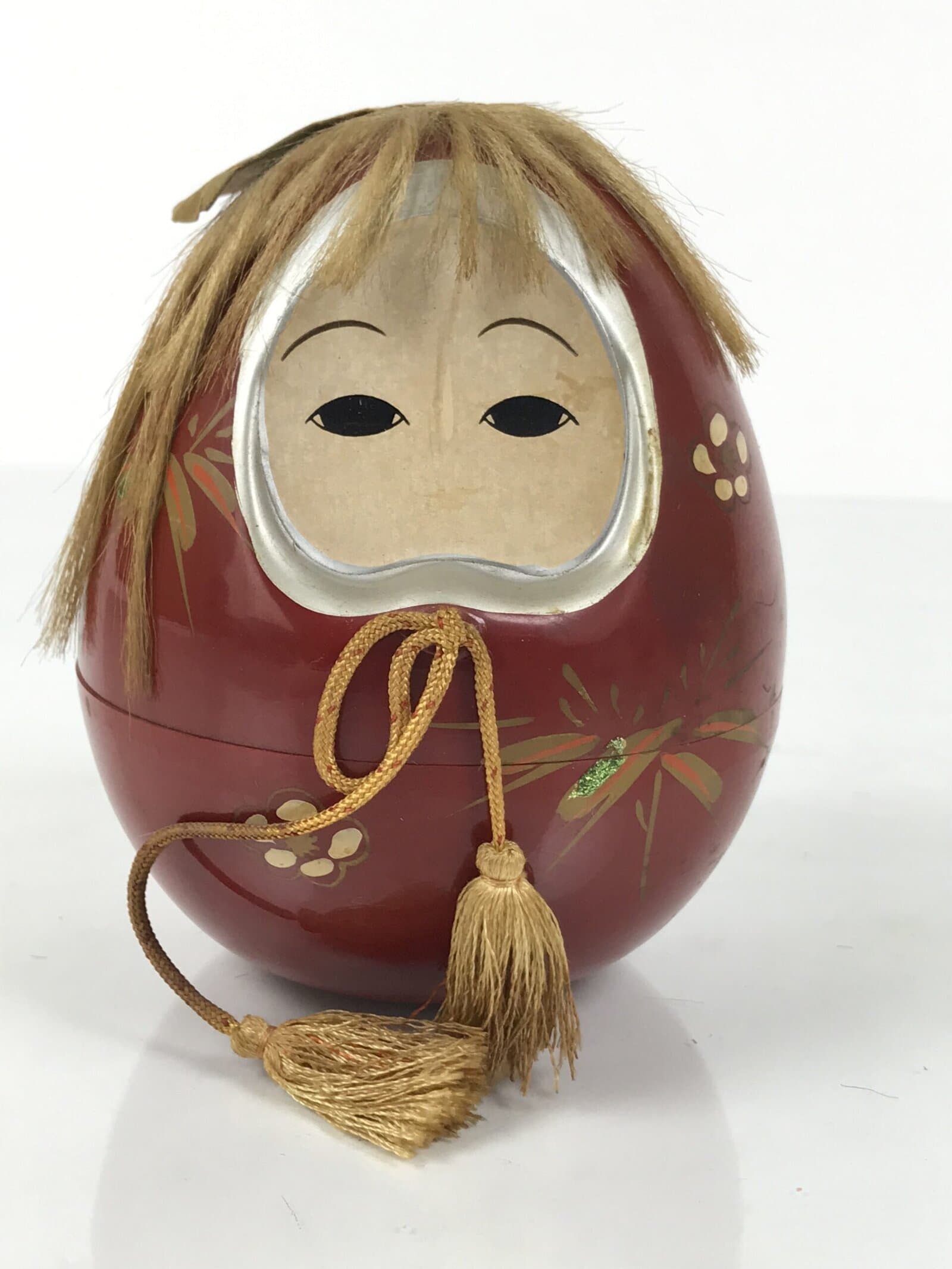 Japanese Kokeshi Doll Vtg Figurine Red Container Hime Daruma Gold Tassel KF795