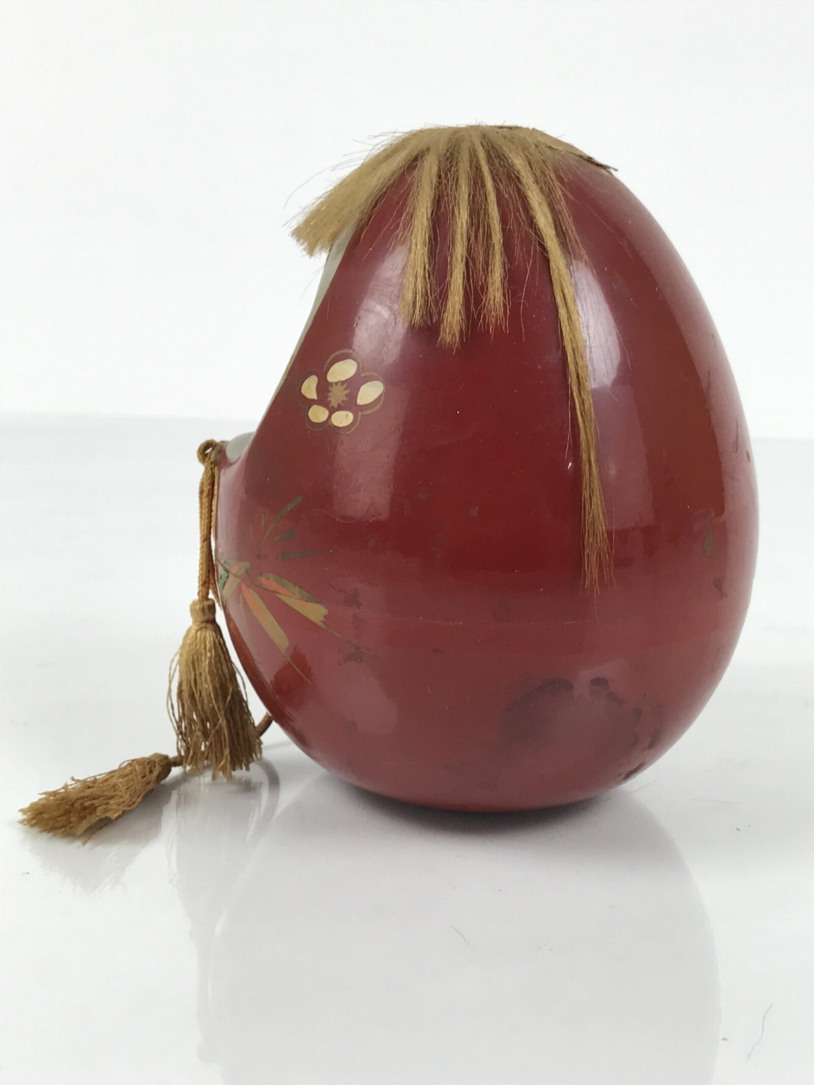 Japanese Kokeshi Doll Vtg Figurine Red Container Hime Daruma Gold Tassel KF795